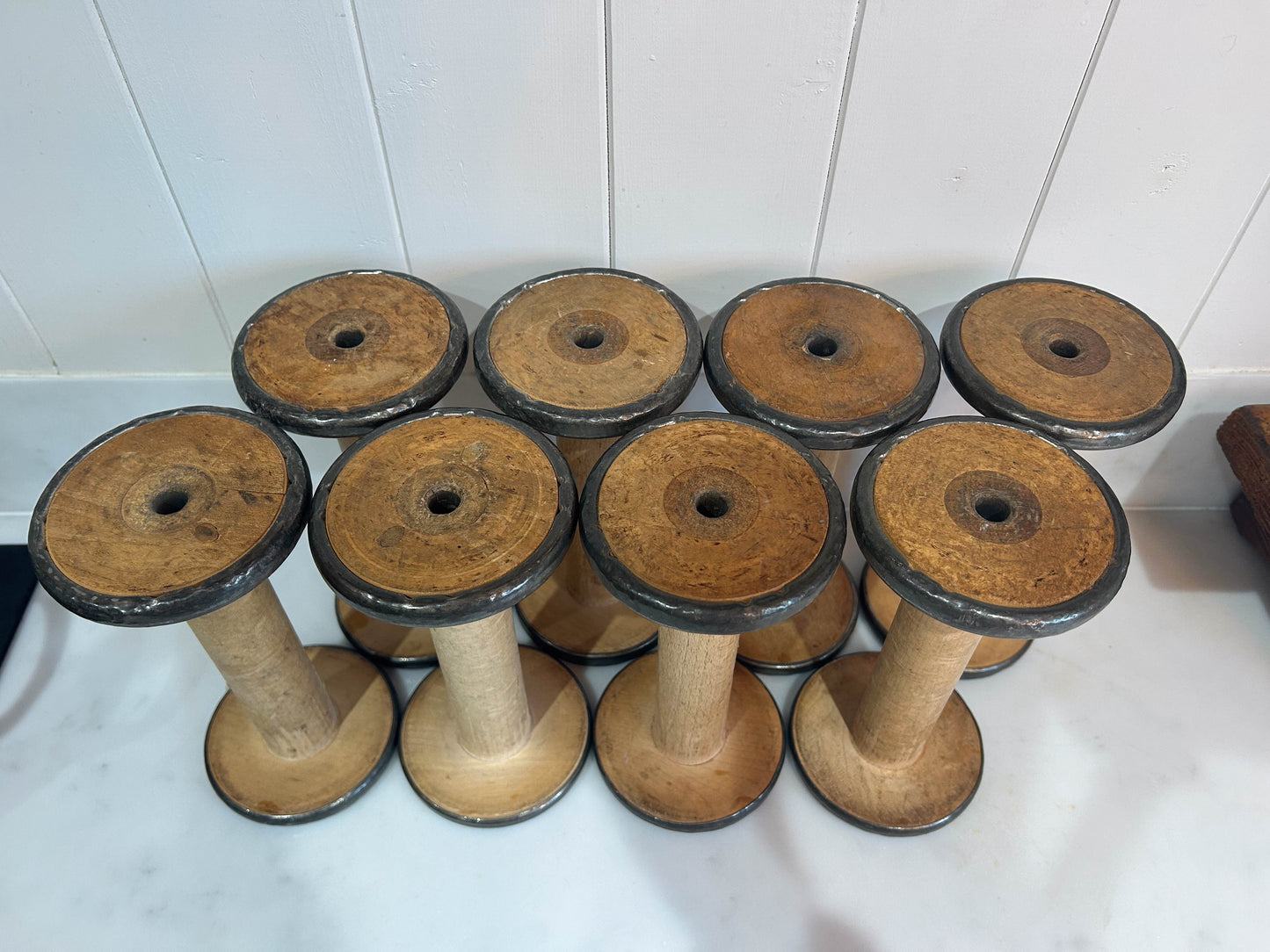 Antique Vintage Wooden Mill Bobbins with Metal Detailing / Industrial Spools