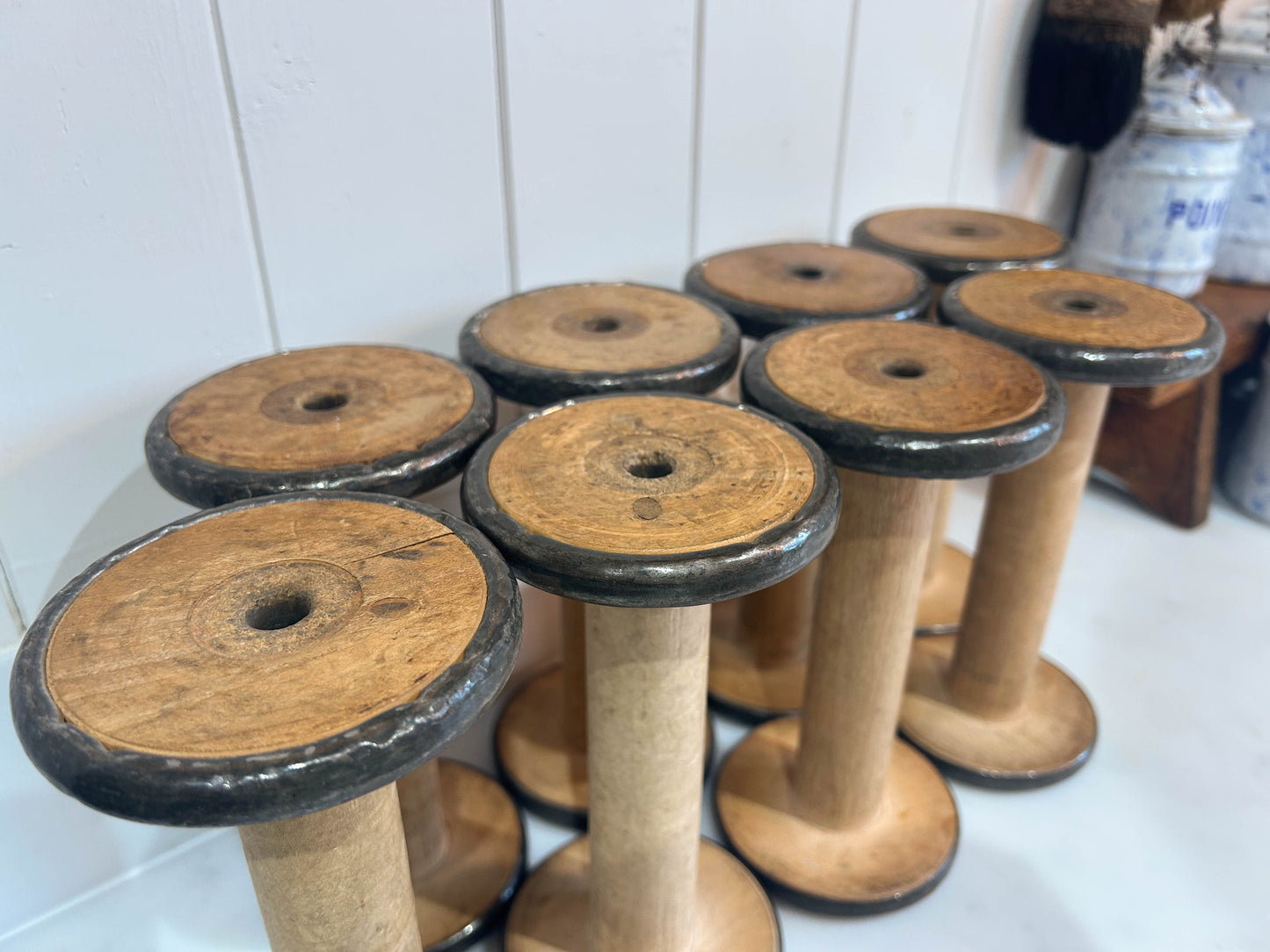 Antique Vintage Wooden Mill Bobbins with Metal Detailing / Industrial Spools