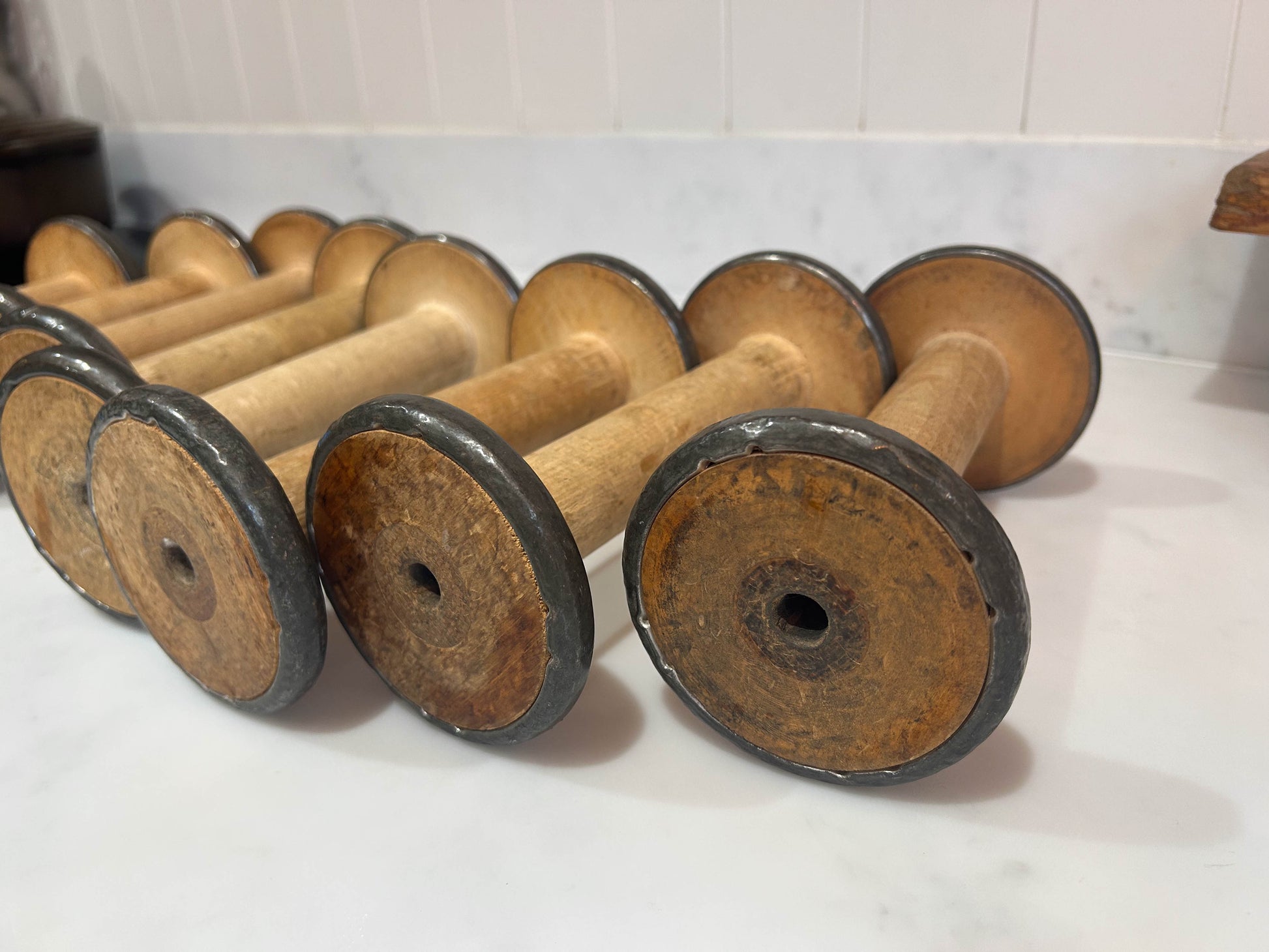 Antique Vintage Wooden Mill Bobbins with Metal Detailing / Industrial Spools