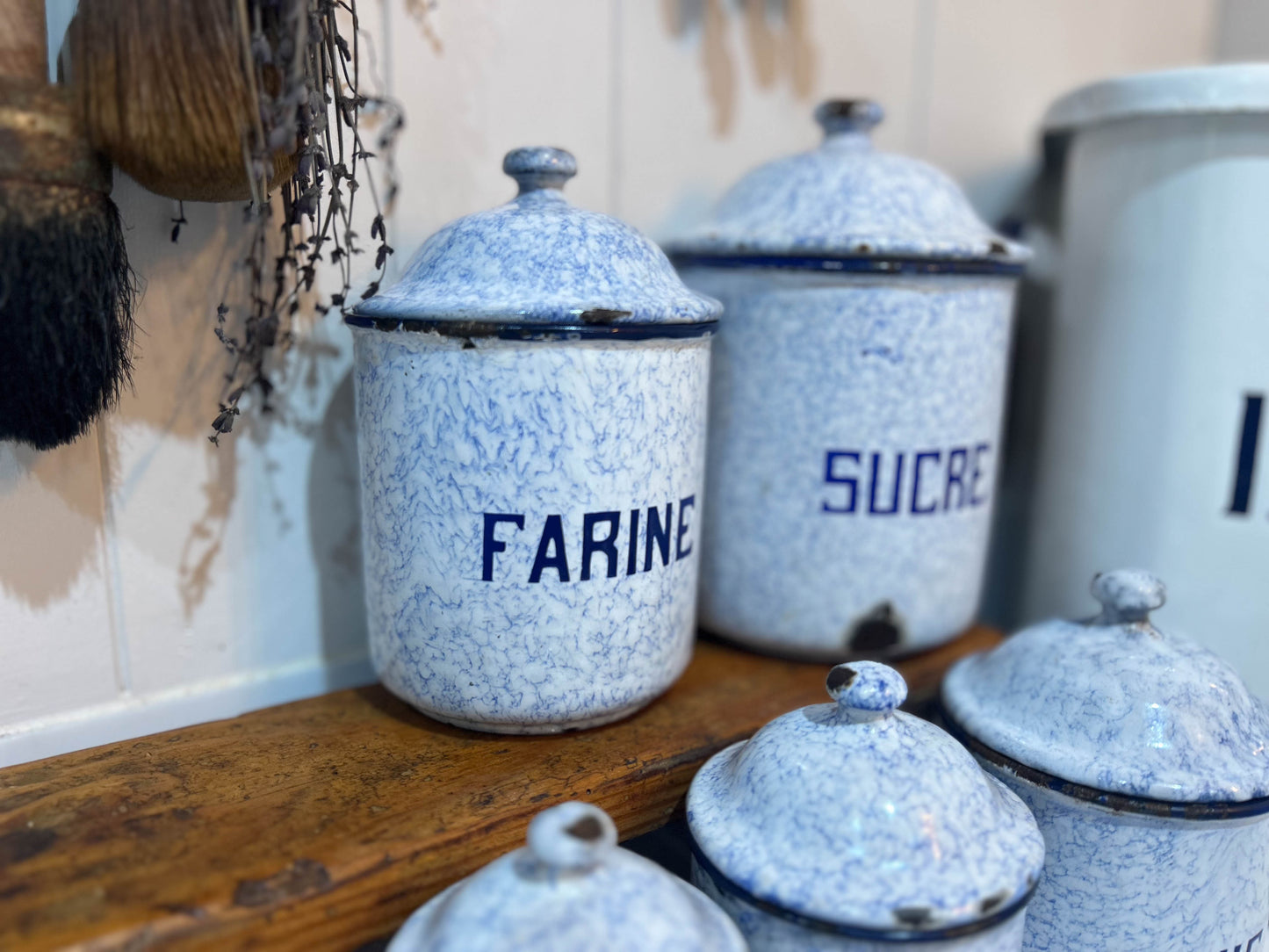 Enamel French Vintage Kitchen Canister Set / Pretty Metal French Storage Jars Tins / French Cafe Sucre Farine Containers