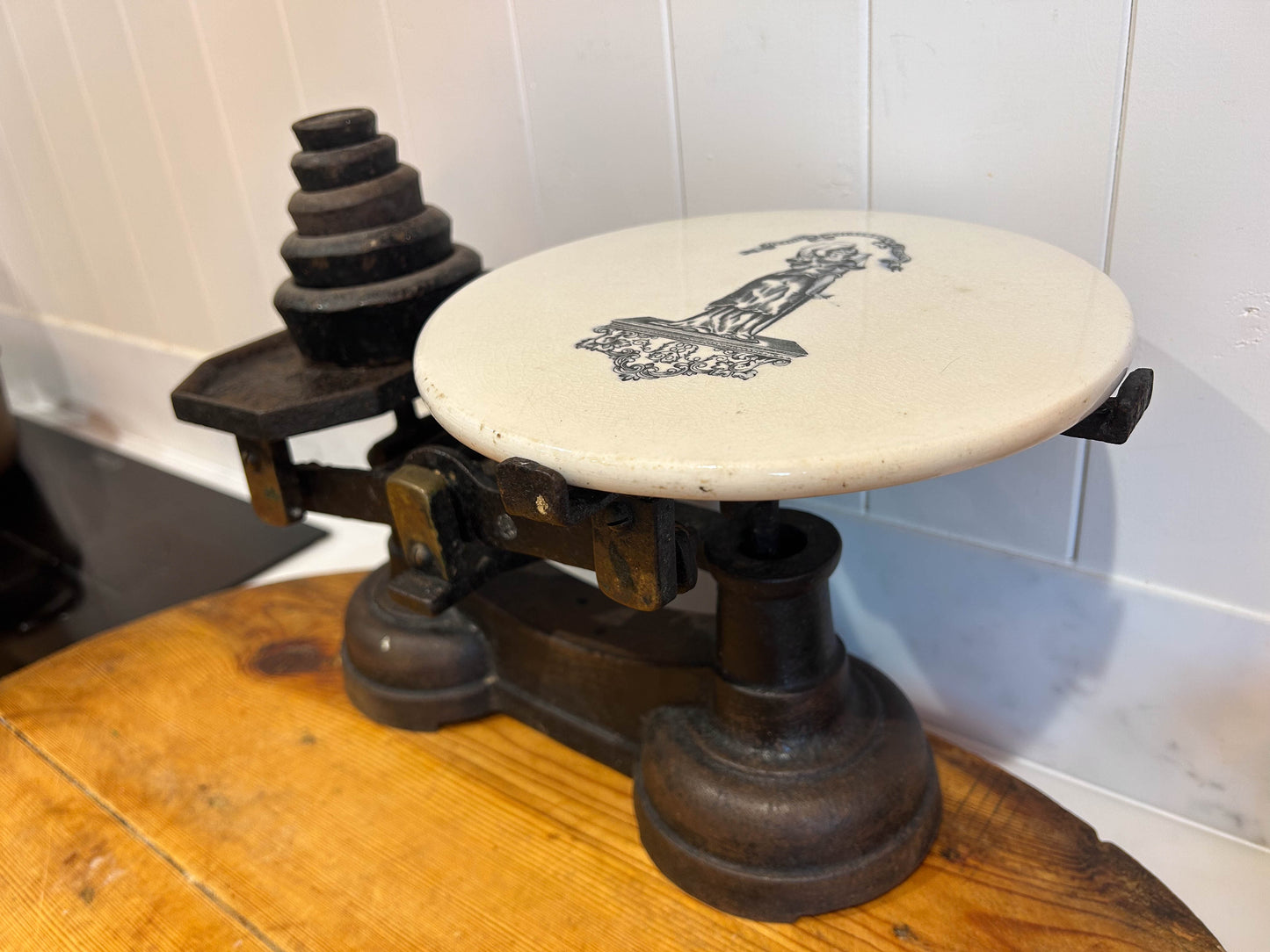 Vintage Antique Victorian Cast Iron Kitchen Balance Scales With Ceramic Plate and Weights