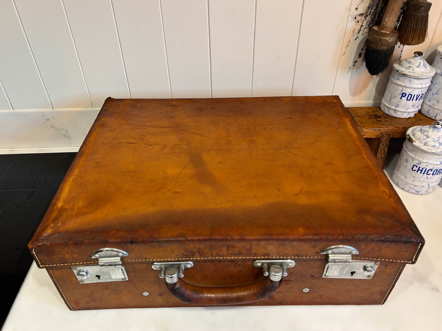 Small Vintage Antique Brown Leather Suitcase with Original Lining