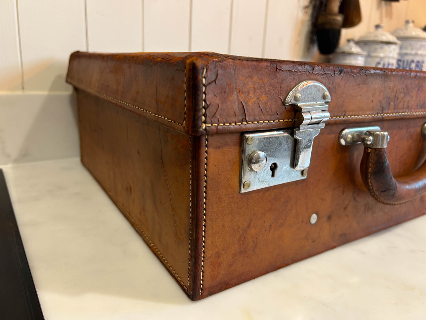 Small Vintage Antique Brown Leather Suitcase with Original Lining