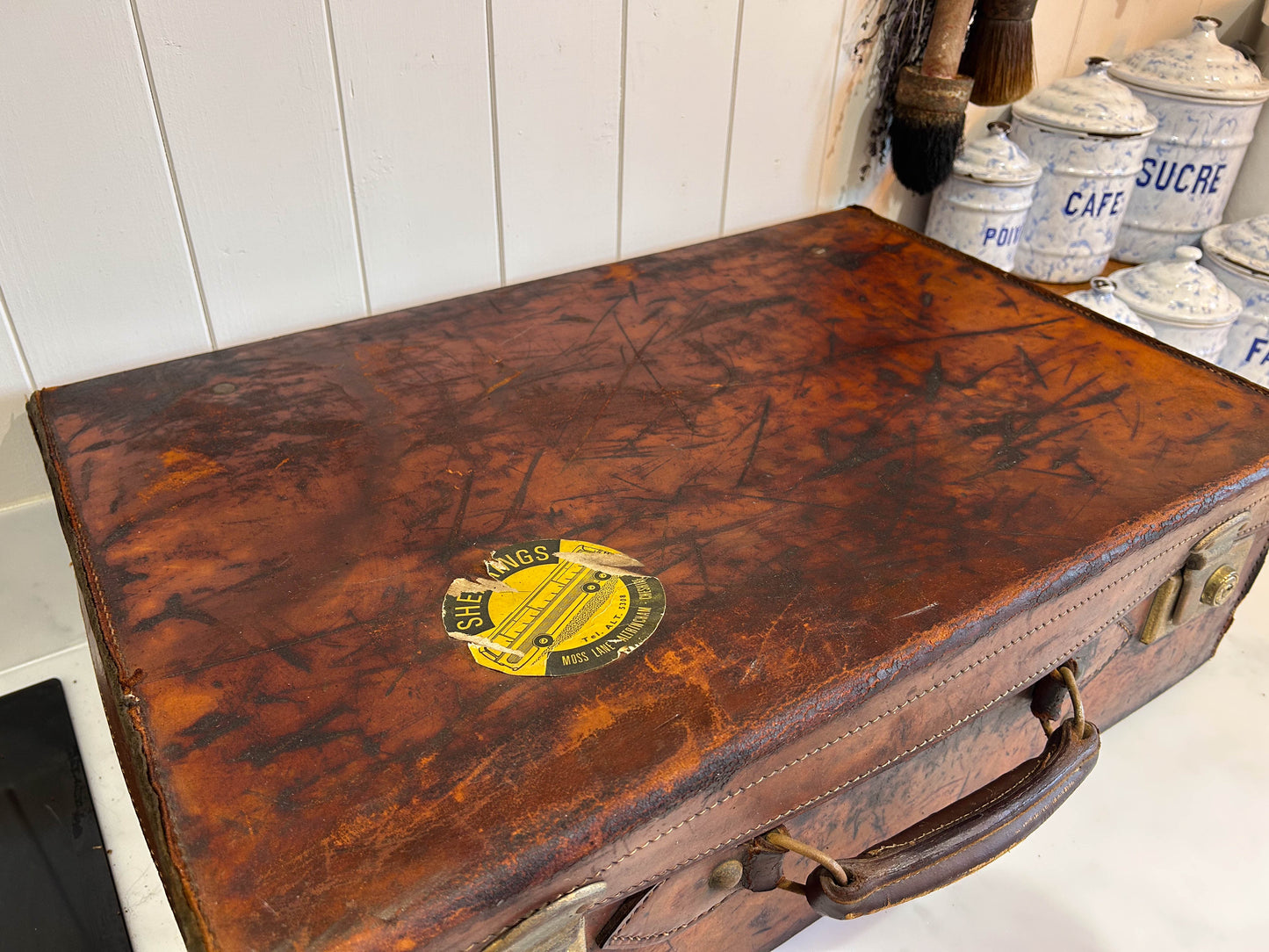 Small Vintage Antique Brown Leather Suitcase with Original Lining