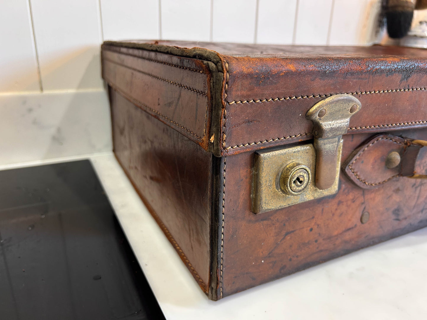 Small Vintage Antique Brown Leather Suitcase with Original Lining