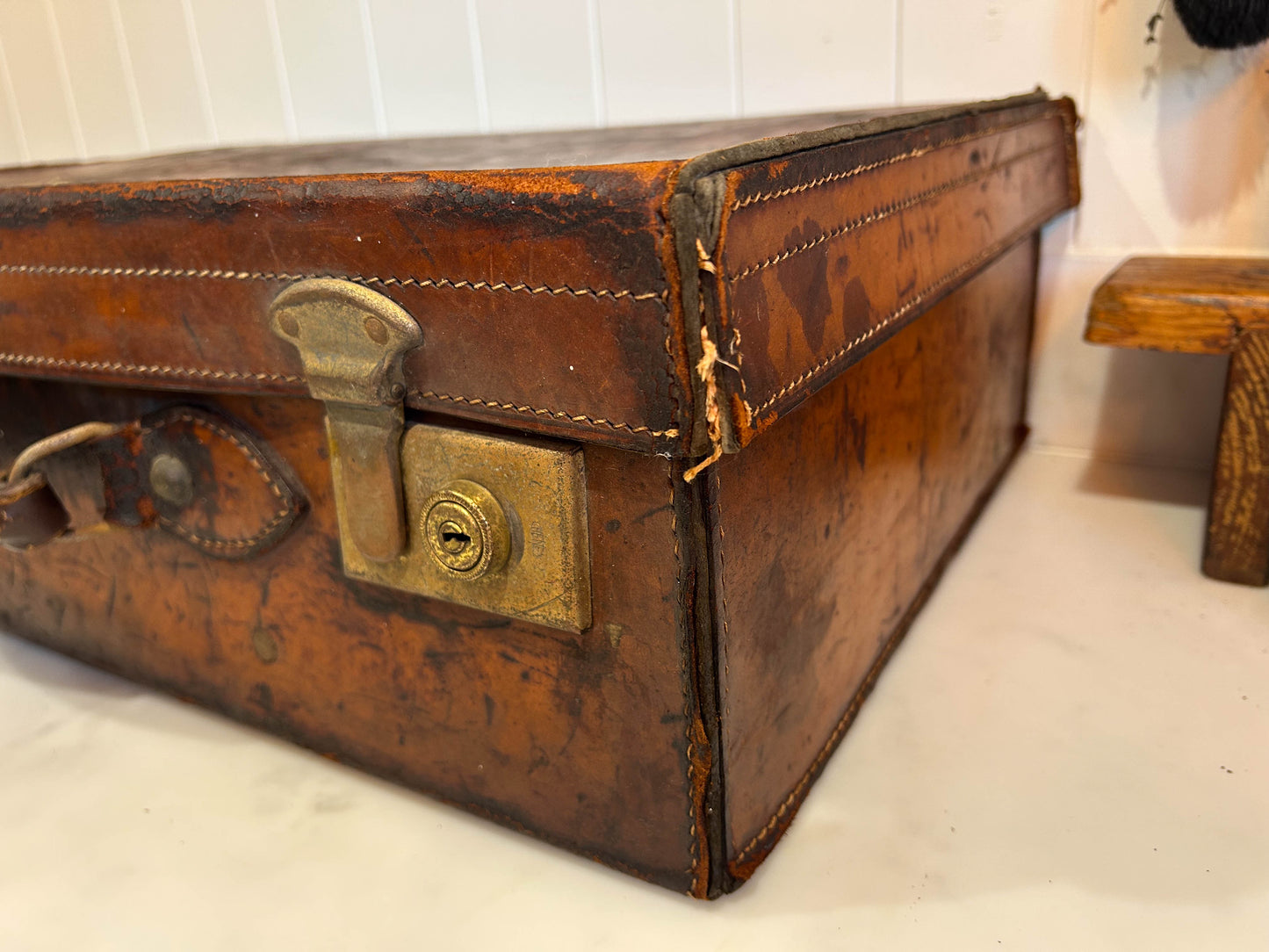 Small Vintage Antique Brown Leather Suitcase with Original Lining