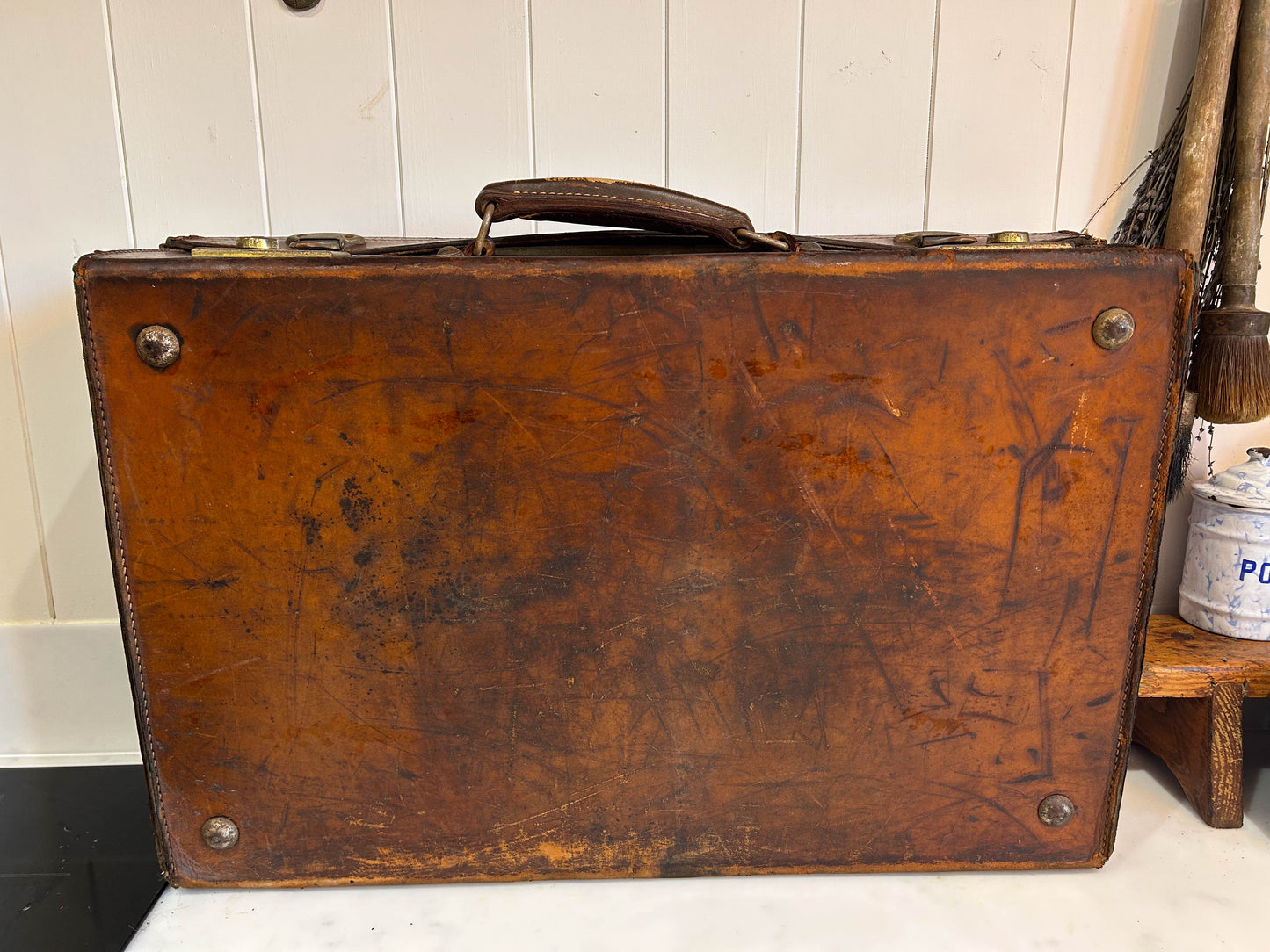 Small Vintage Antique Brown Leather Suitcase with Original Lining