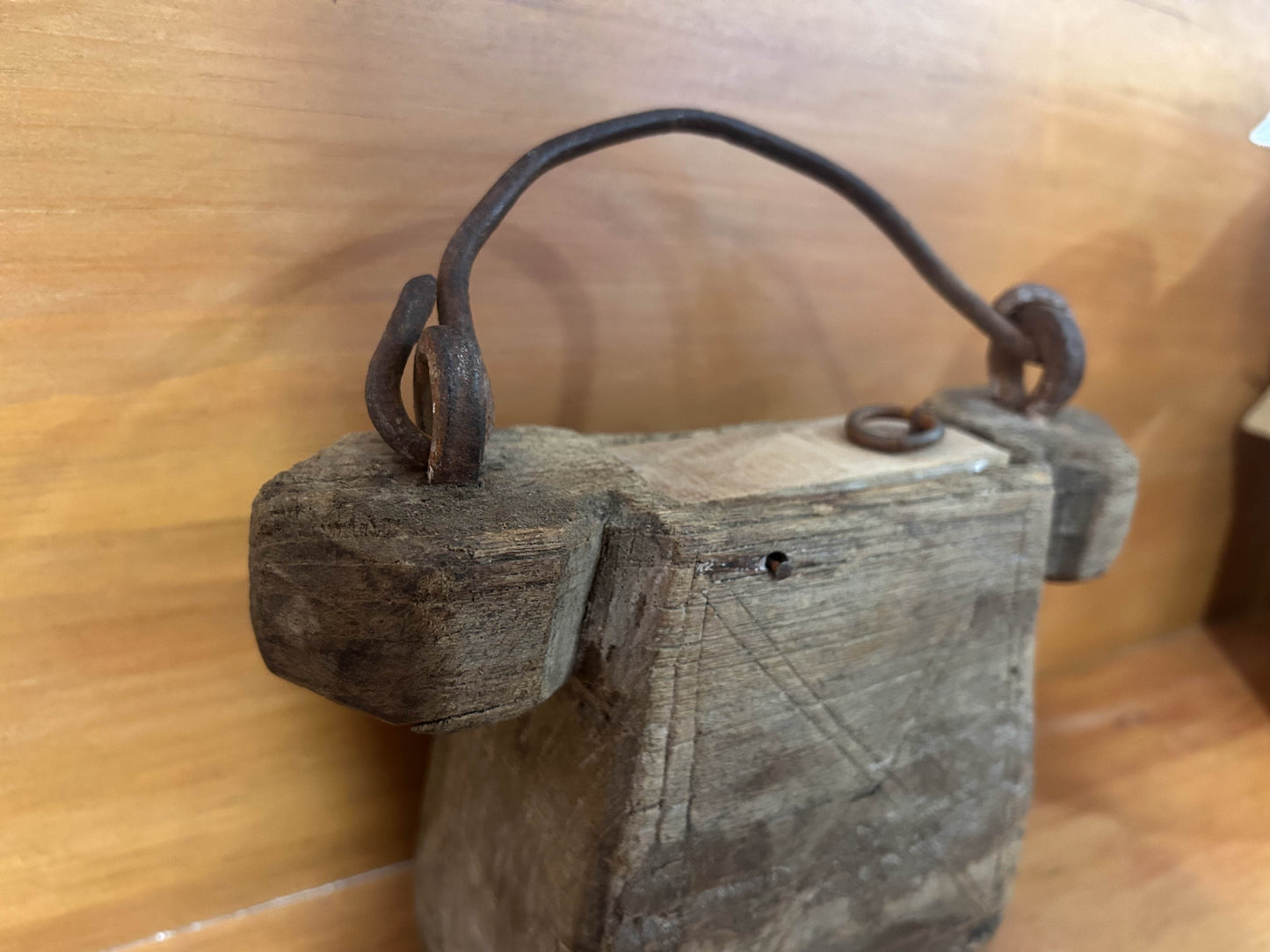 Vintage 1950's Indian Rustic Hand Carved Teak Wooden Oil Lantern Container