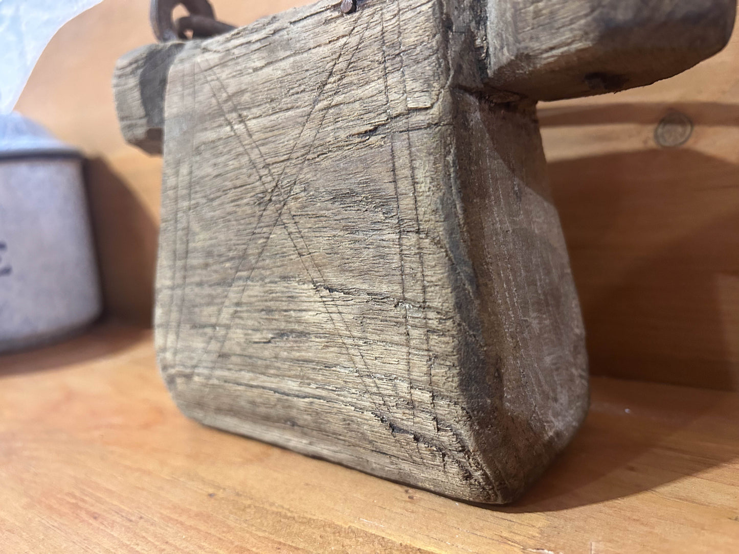 Vintage 1950's Indian Rustic Hand Carved Teak Wooden Oil Lantern Container