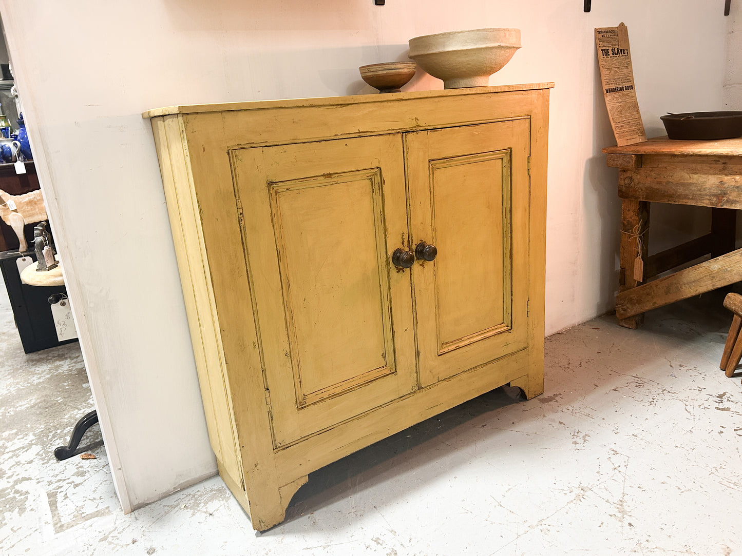 Victorian Pine Yellow Painted Housekeepers Cupboard / Rustic Sideboard / Country Hallway Console Table / Cabinet