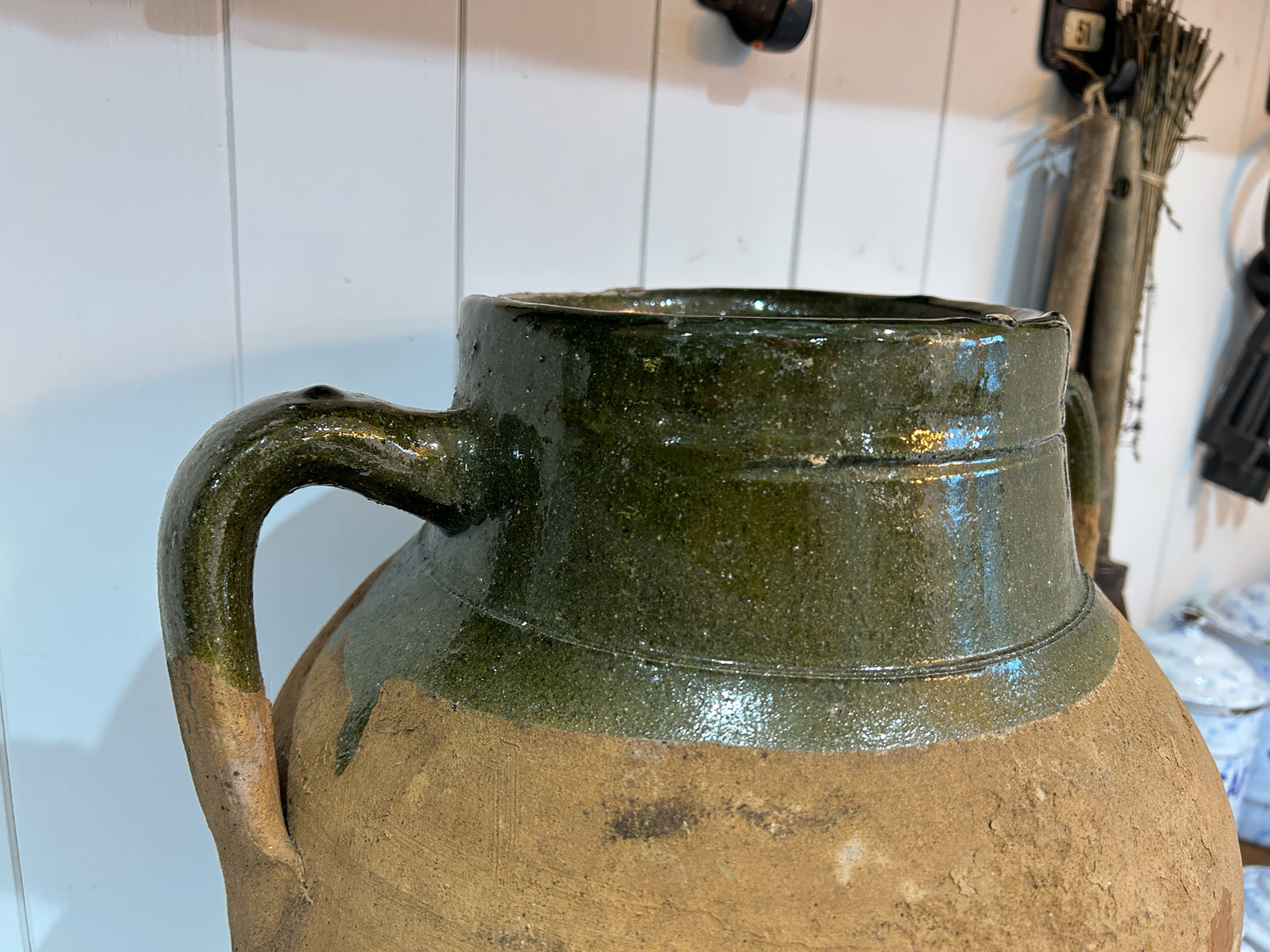 Large Vintage Antique Terracotta Turkish Green Glazed Double Handle Pot / Olive Jar / Green Glazed Rim