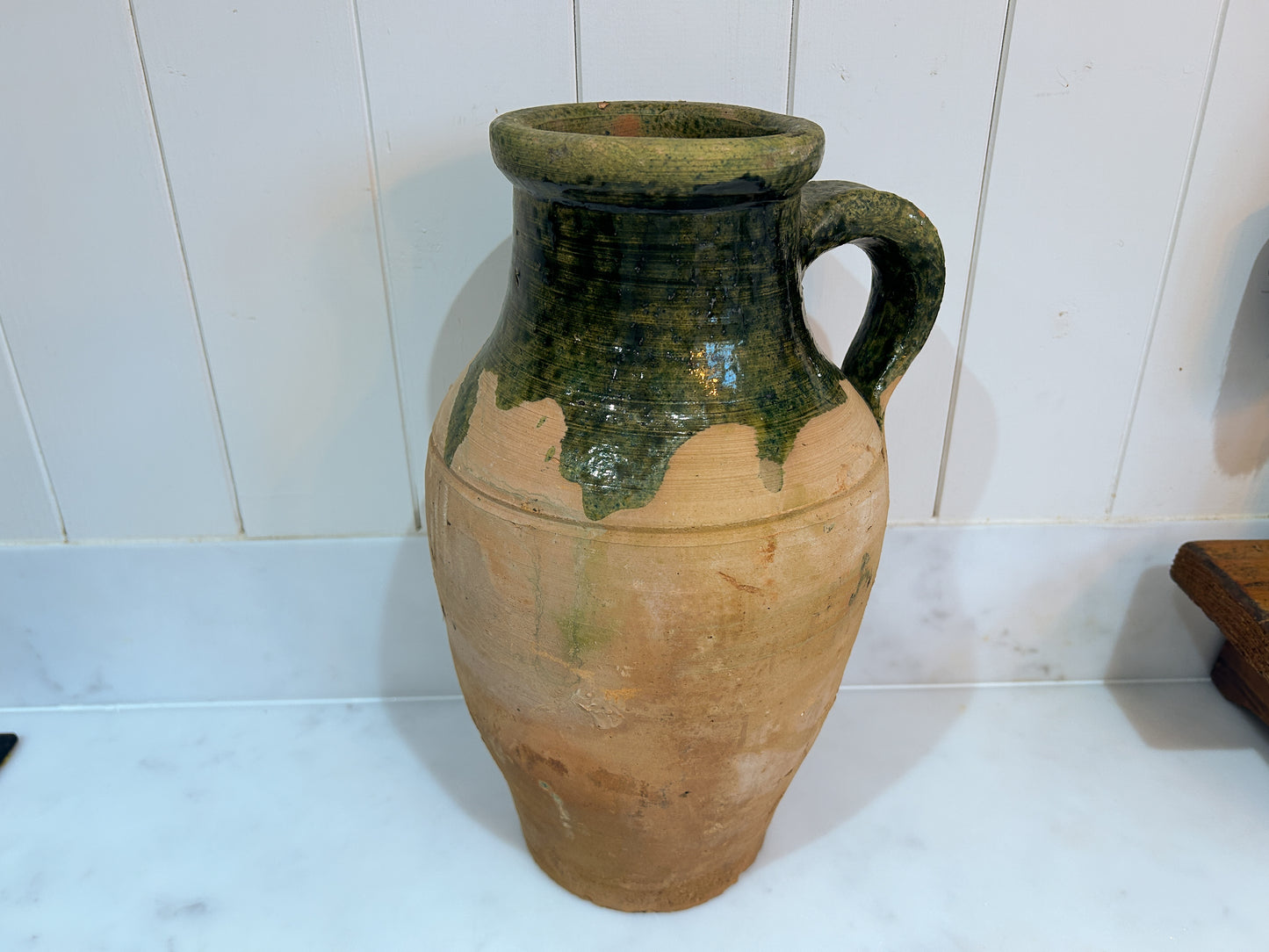 Vintage Antique Terracotta Turkish Green Glazed Handle Pot / Olive Jar / Green Glazed Rim