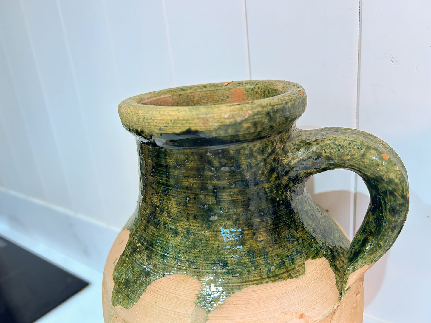 Vintage Antique Terracotta Turkish Green Glazed Handle Pot / Olive Jar / Green Glazed Rim