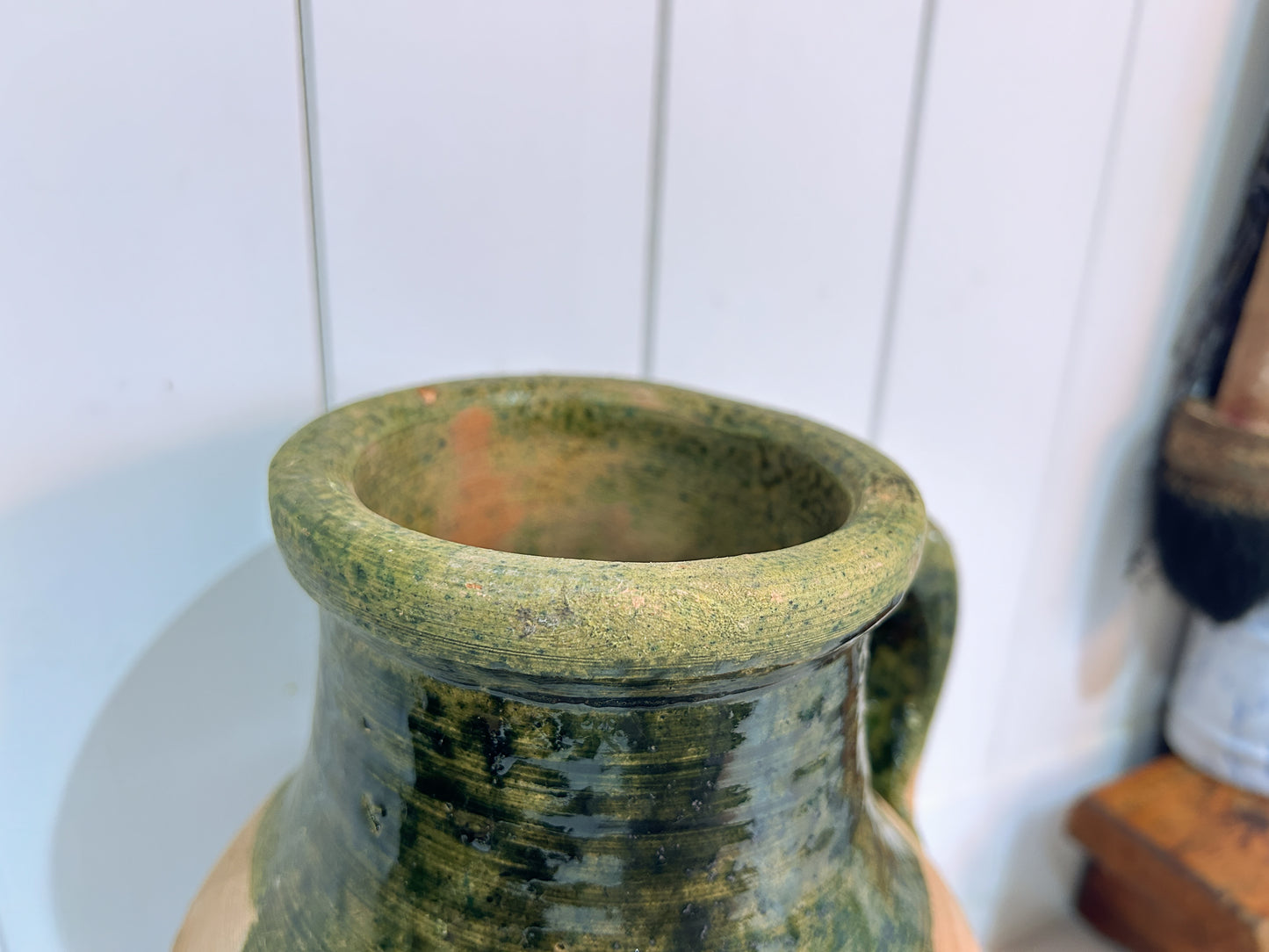 Vintage Antique Terracotta Turkish Green Glazed Handle Pot / Olive Jar / Green Glazed Rim