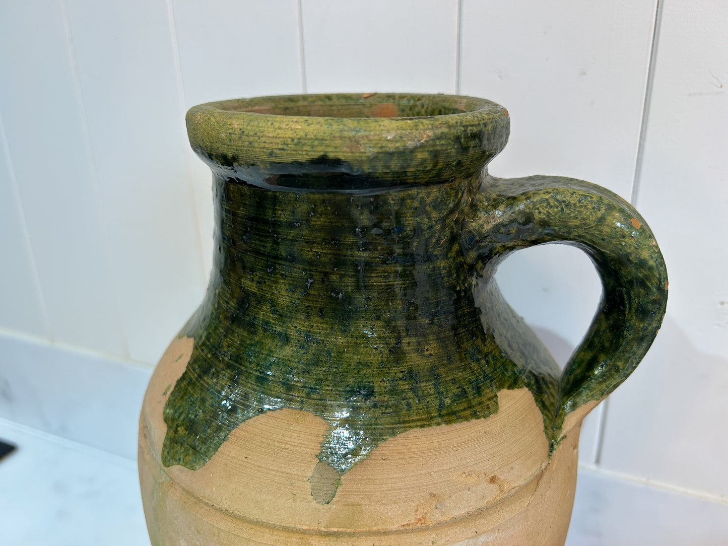 Vintage Antique Terracotta Turkish Green Glazed Handle Pot / Olive Jar / Green Glazed Rim