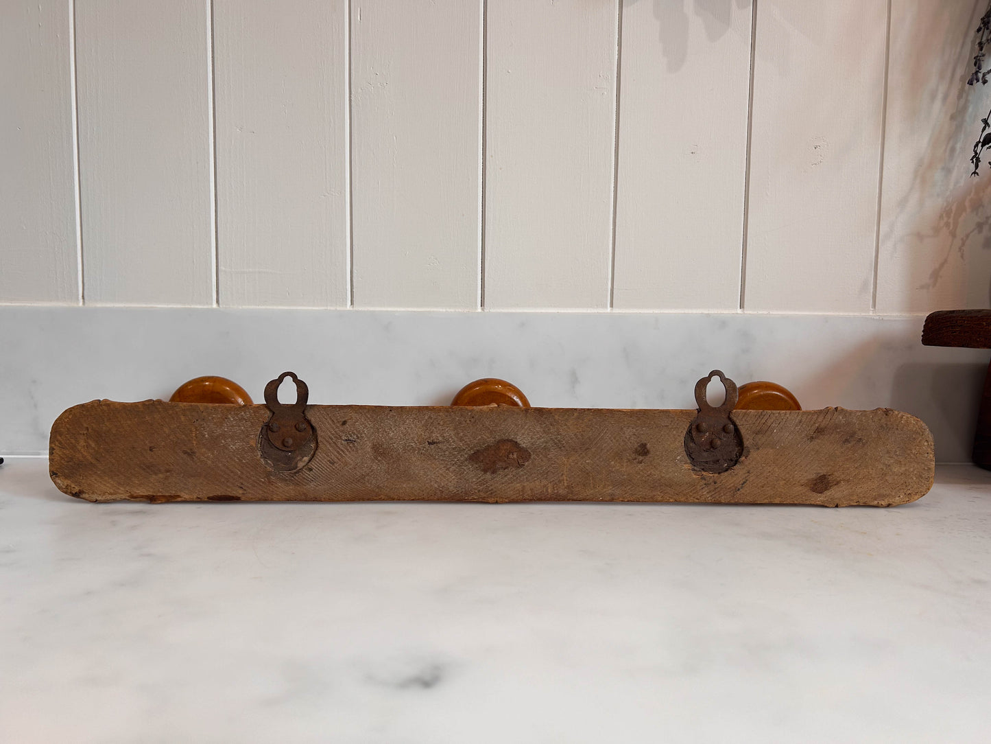 Vintage French Faux Bamboo Wooden 3 Peg Wall Mounted Coat Rack