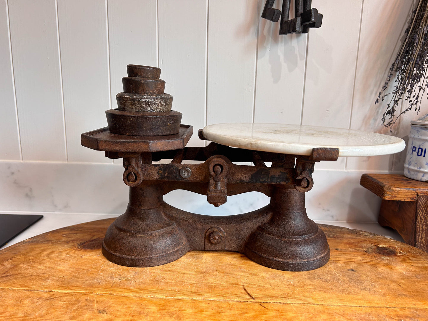 Vintage Antique Victorian Cast Iron Kitchen Balance Scales With Marble Plate and Weights