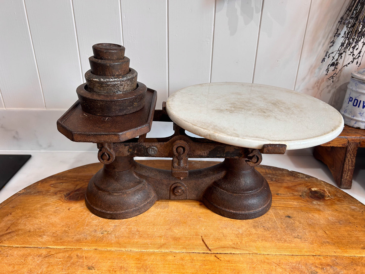 Vintage Antique Victorian Cast Iron Kitchen Balance Scales With Marble Plate and Weights