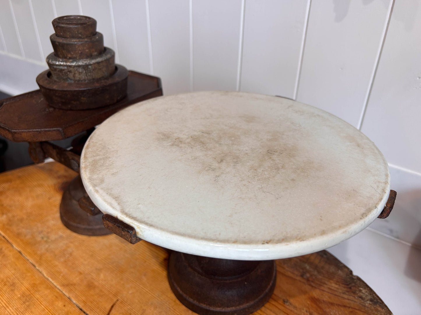 Vintage Antique Victorian Cast Iron Kitchen Balance Scales With Marble Plate and Weights