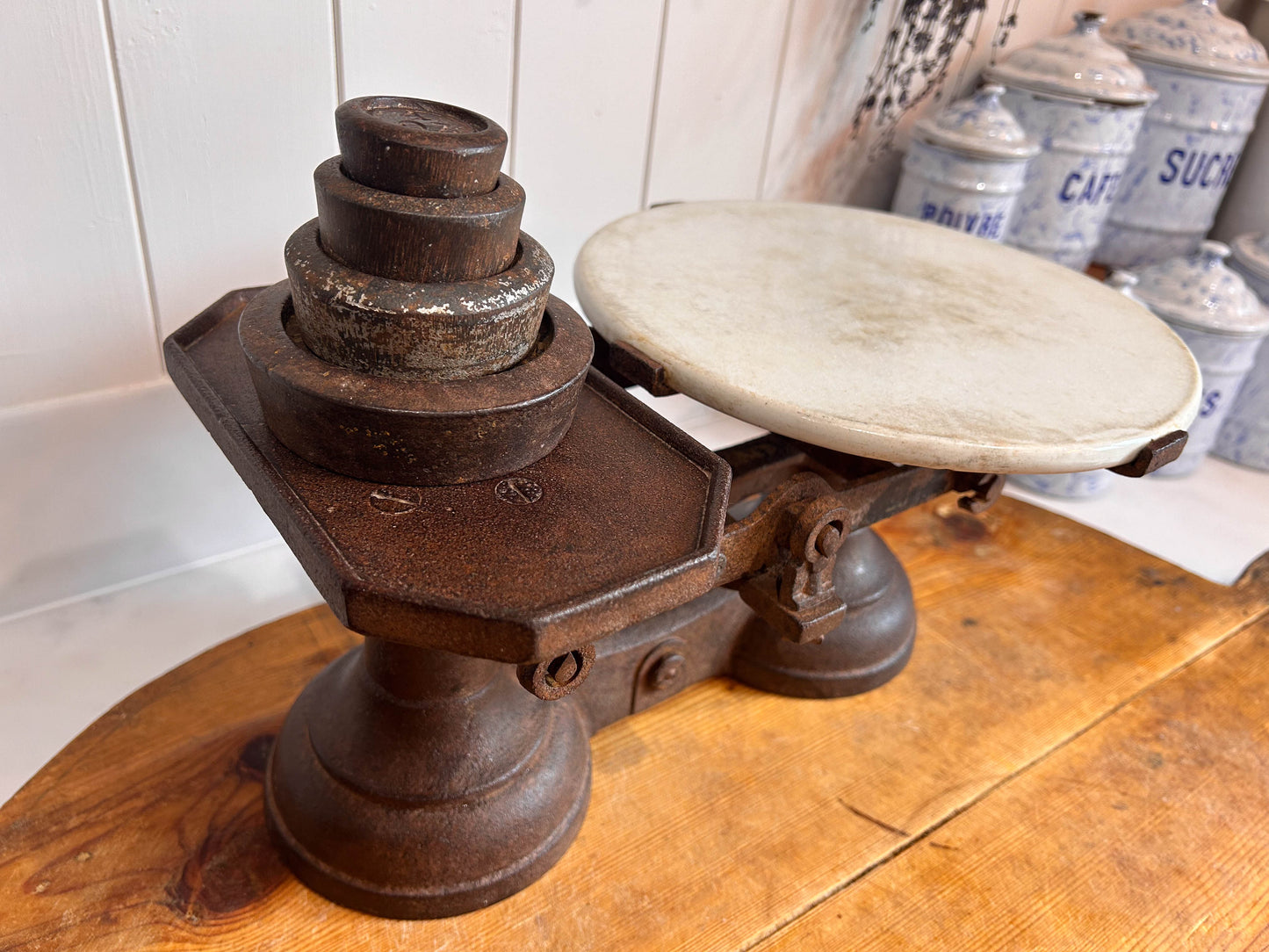 Vintage Antique Victorian Cast Iron Kitchen Balance Scales With Marble Plate and Weights