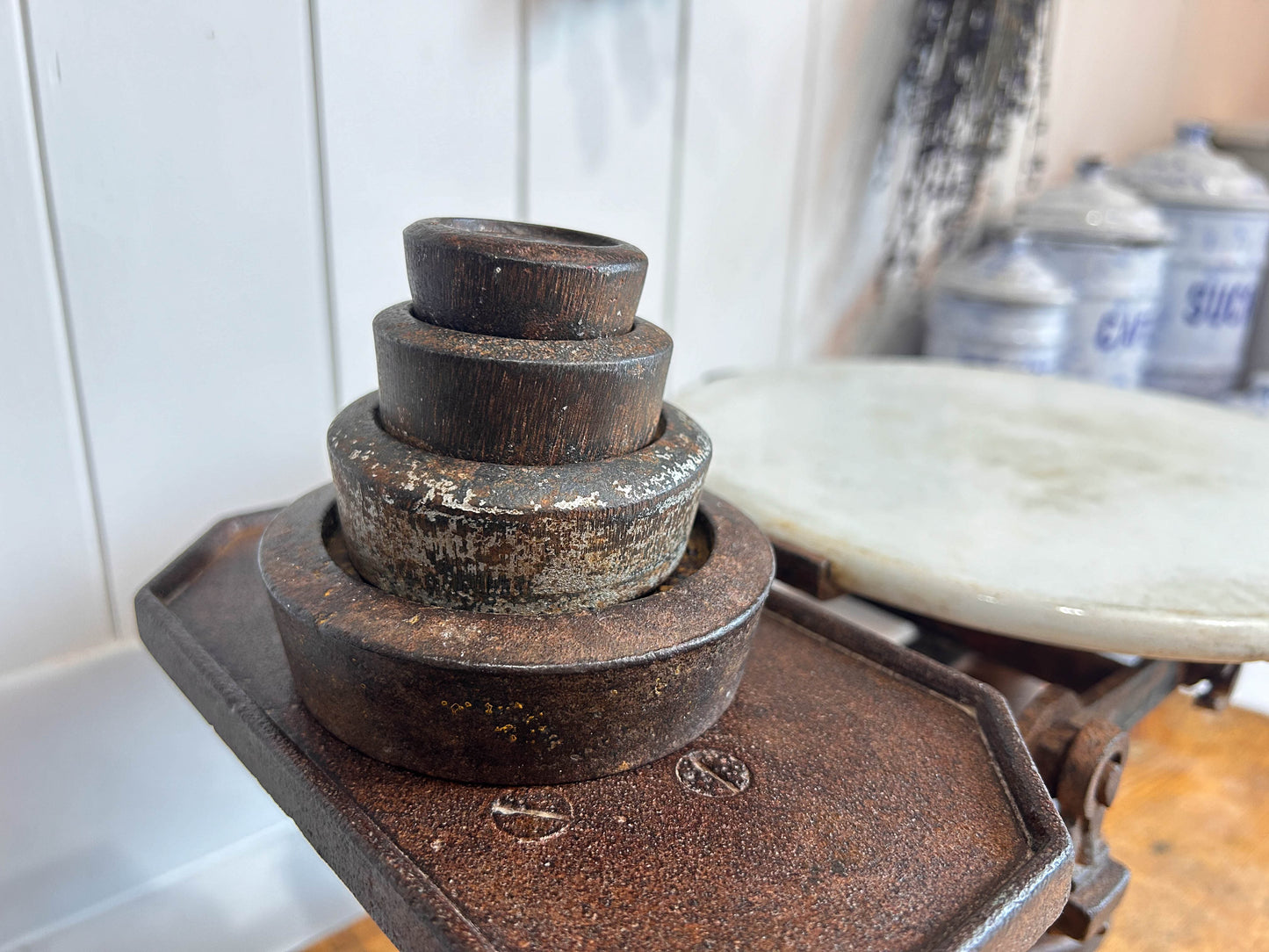 Vintage Antique Victorian Cast Iron Kitchen Balance Scales With Marble Plate and Weights