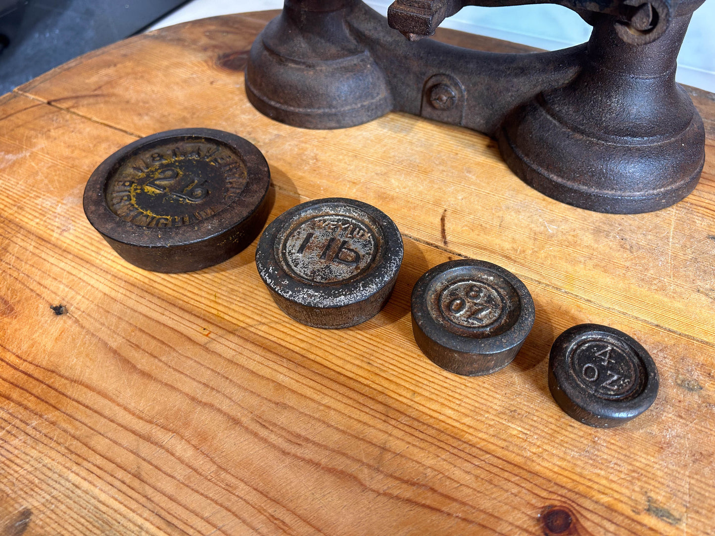 Vintage Antique Victorian Cast Iron Kitchen Balance Scales With Marble Plate and Weights