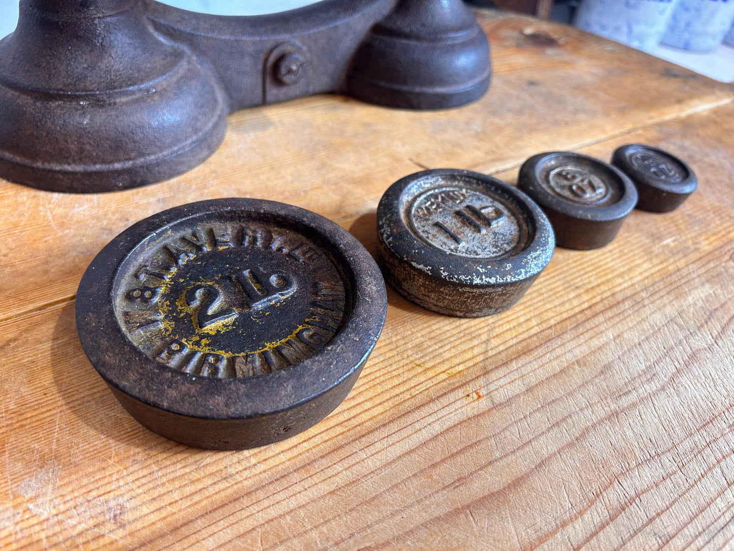 Vintage Antique Victorian Cast Iron Kitchen Balance Scales With Marble Plate and Weights