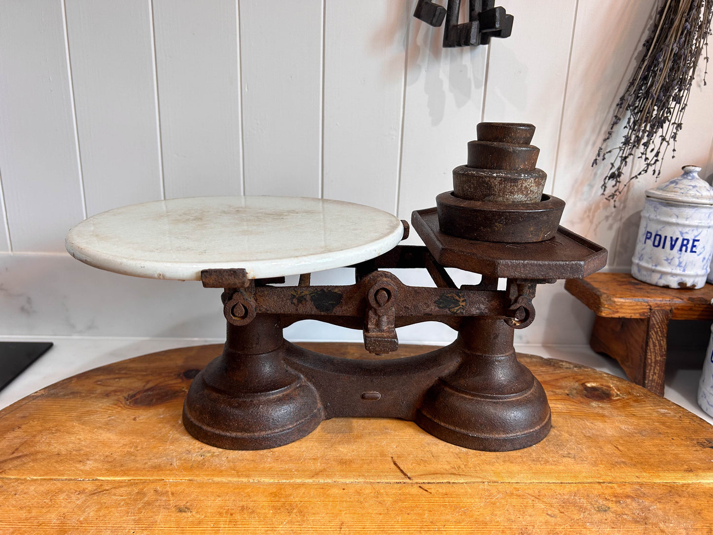 Vintage Antique Victorian Cast Iron Kitchen Balance Scales With Marble Plate and Weights