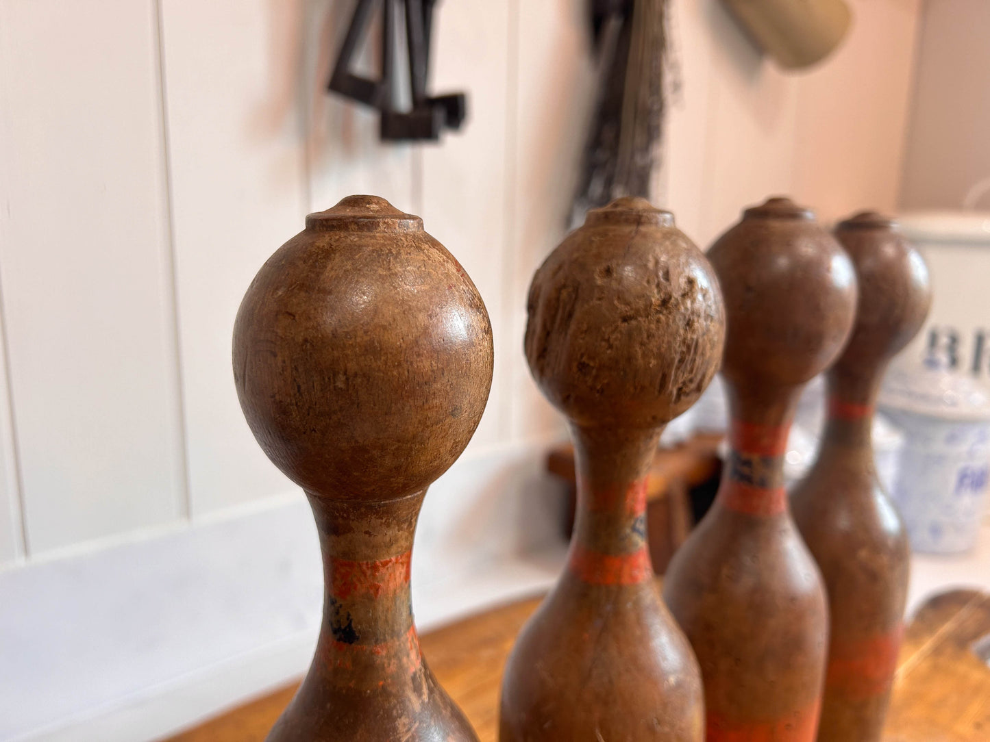 Rustic Vintage French Wooden Skittles Set of Four and Original Ball