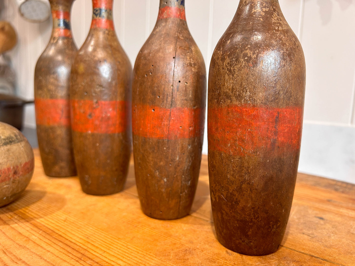 Rustic Vintage French Wooden Skittles Set of Four and Original Ball