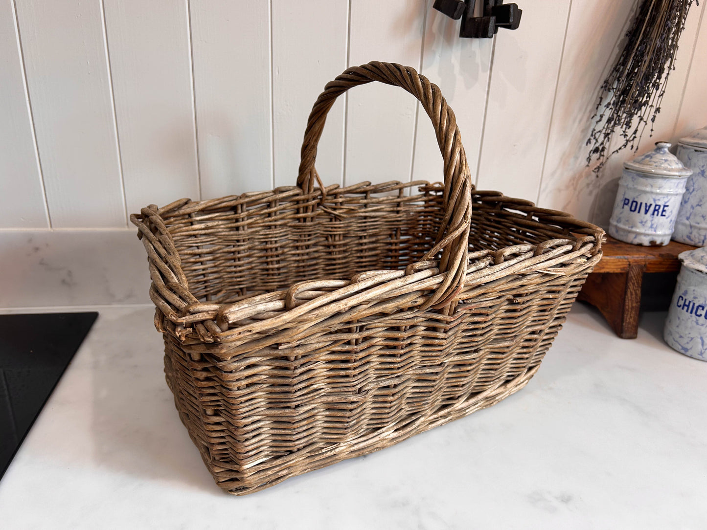 Vintage Wicker Basket Twisted Cane Handle Picnic Basket