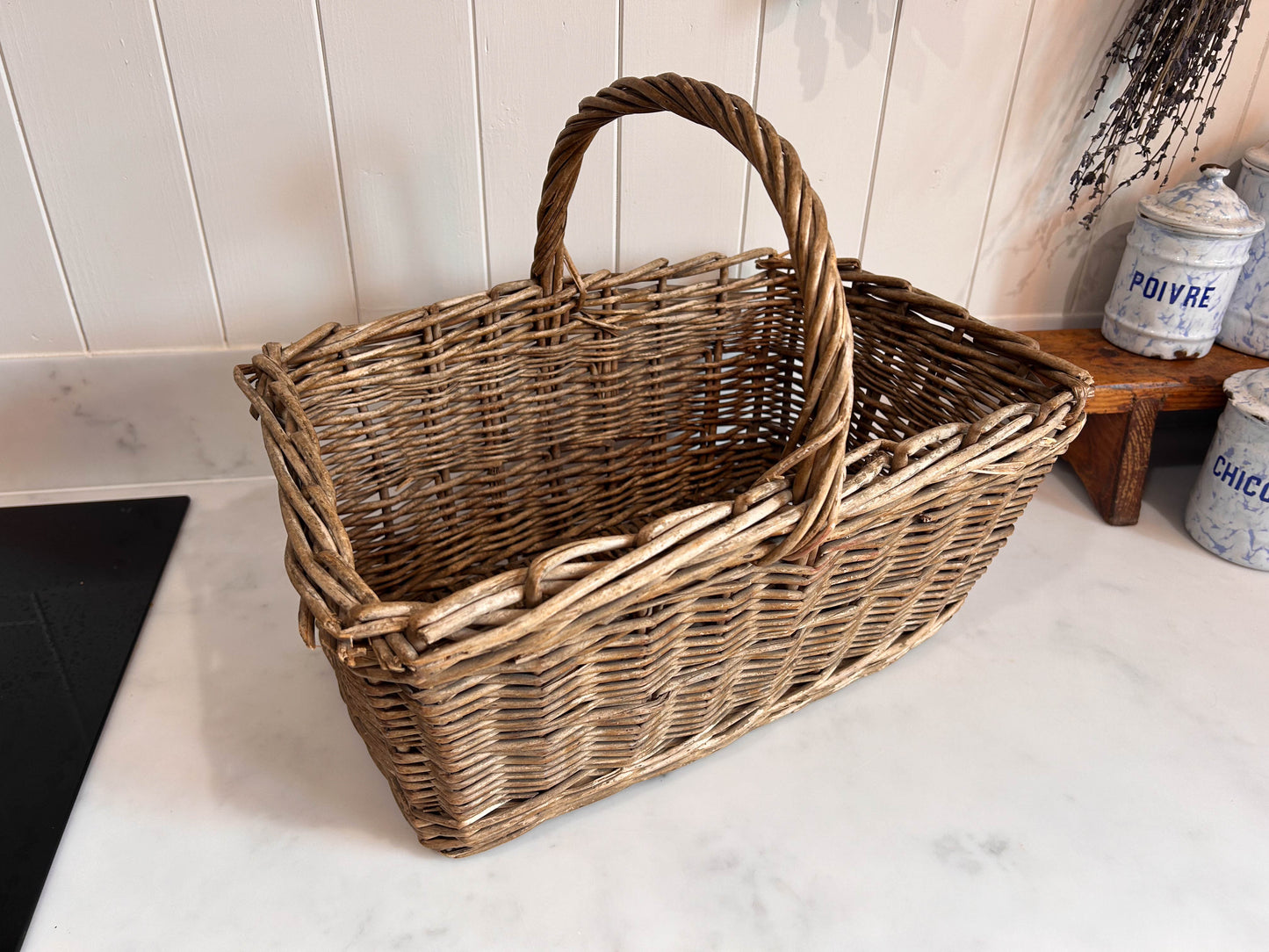 Vintage Wicker Basket Twisted Cane Handle Picnic Basket