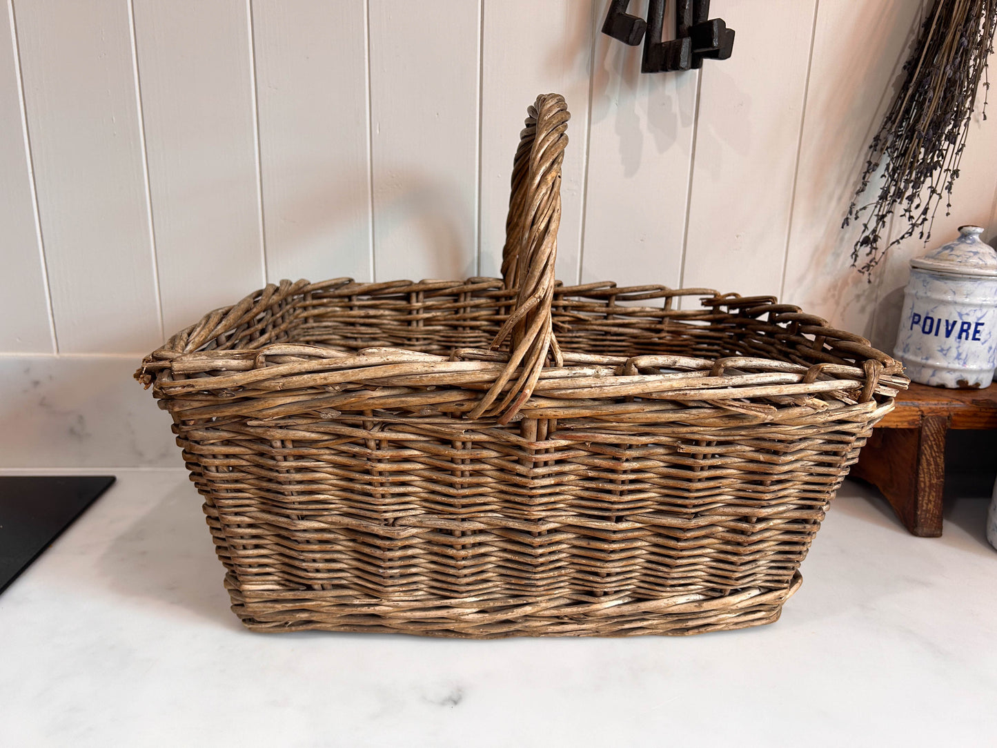 Vintage Wicker Basket Twisted Cane Handle Picnic Basket