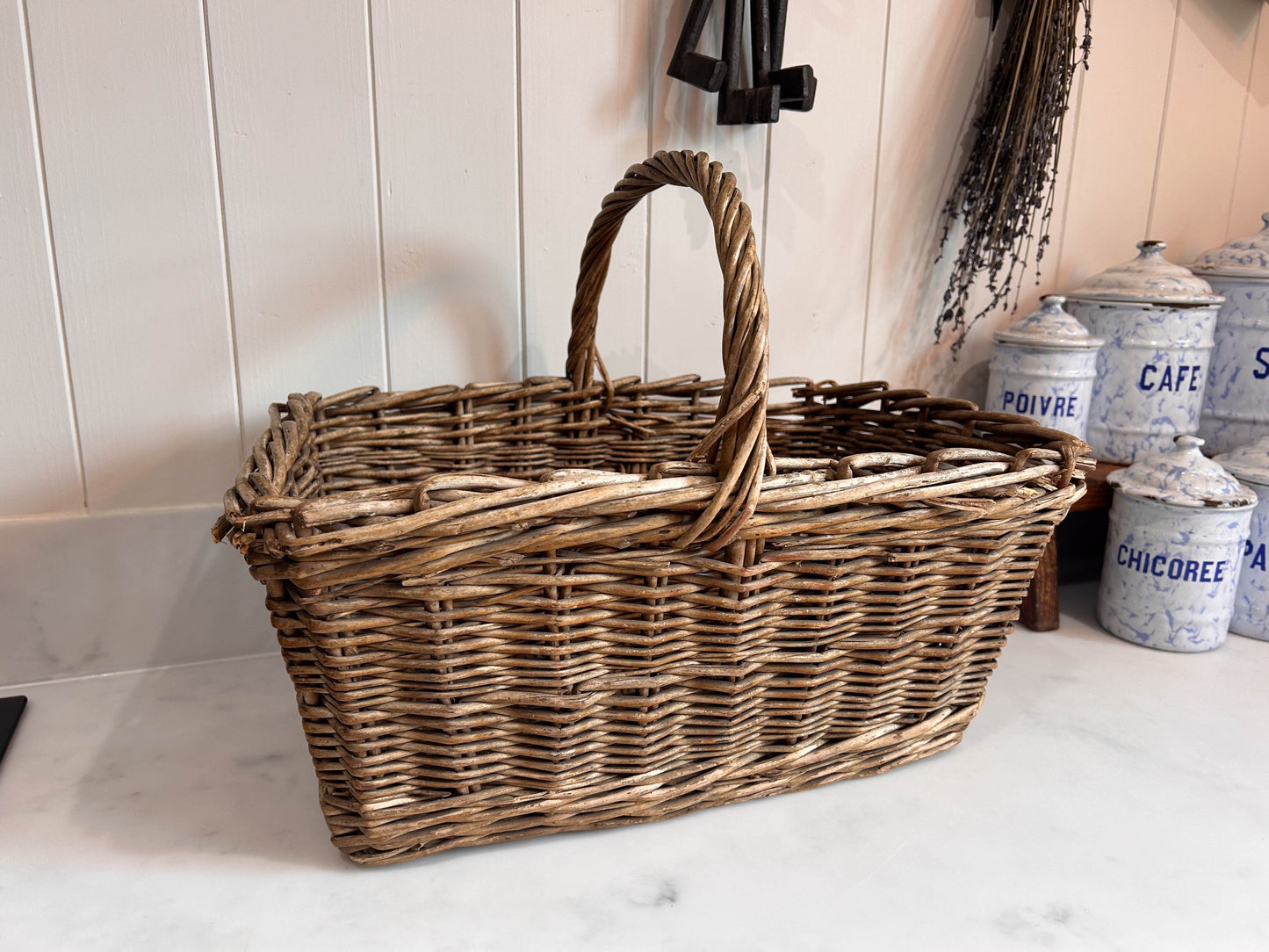 Vintage Wicker Basket Twisted Cane Handle Picnic Basket