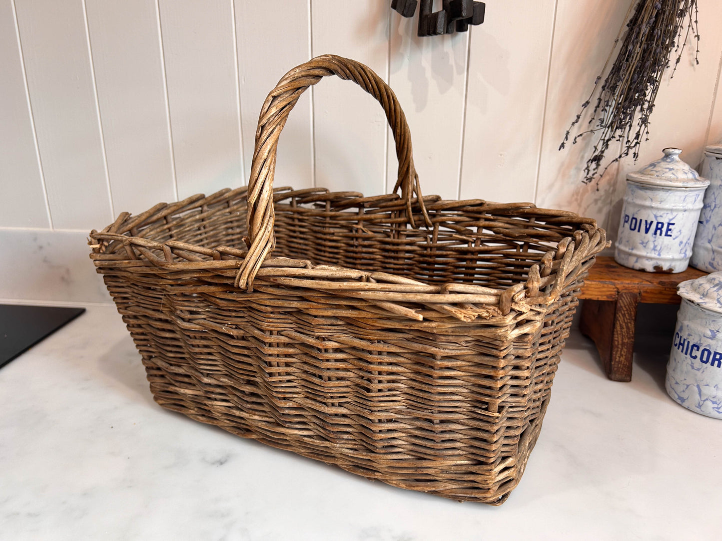 Vintage Wicker Basket Twisted Cane Handle Picnic Basket