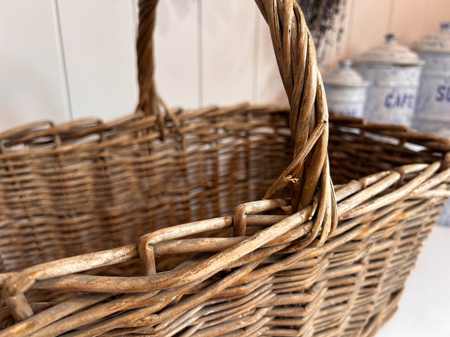 Vintage Wicker Basket Twisted Cane Handle Picnic Basket