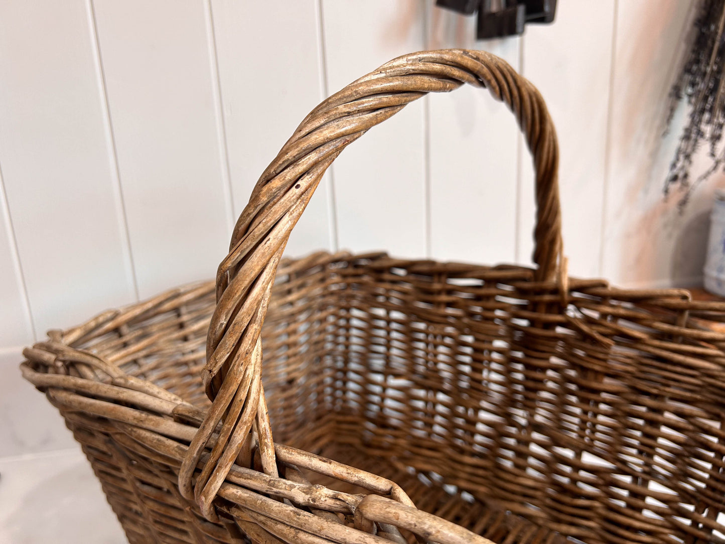 Vintage Wicker Basket Twisted Cane Handle Picnic Basket