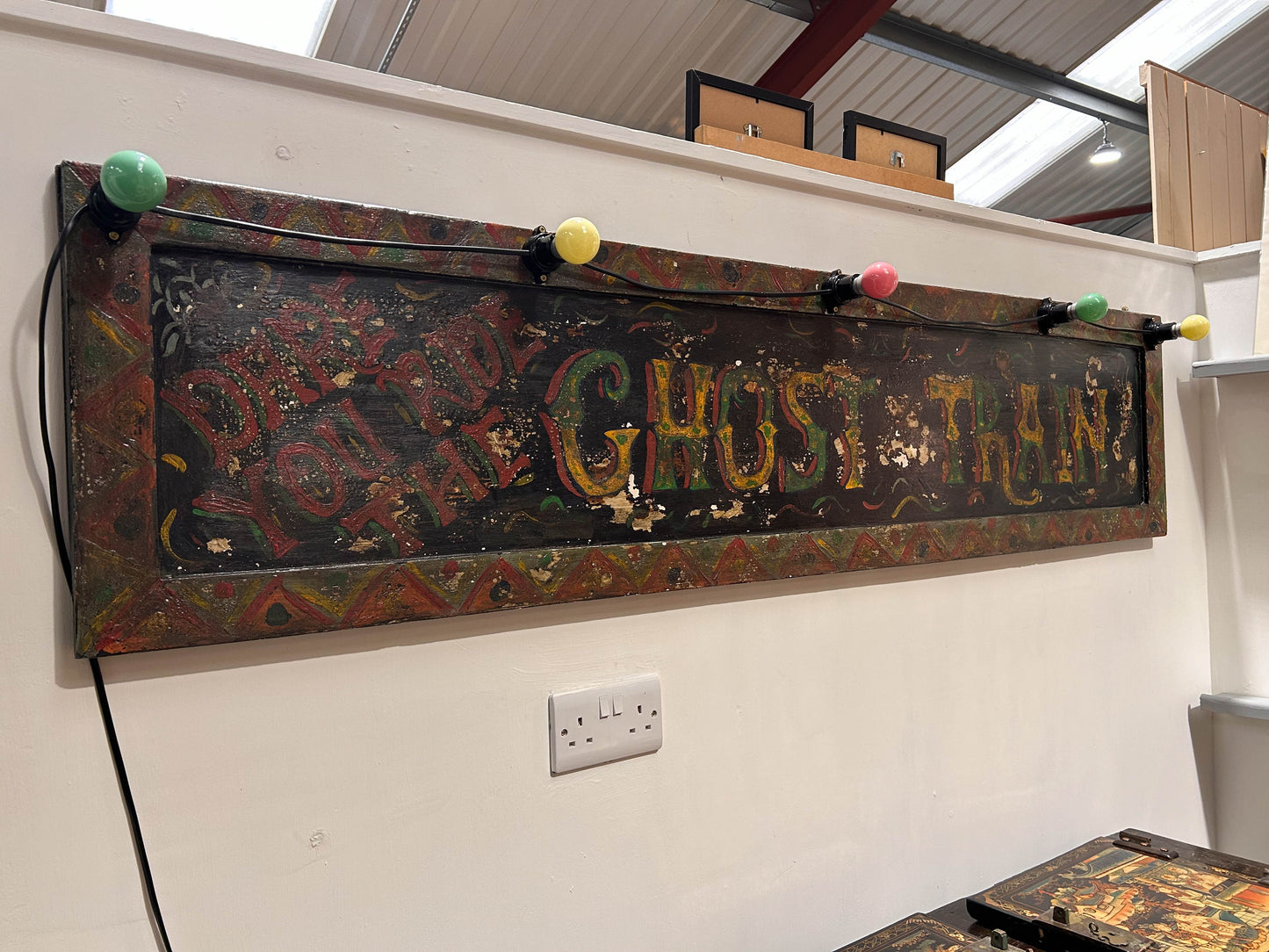 Vintage Authentic Ghost Train Fairground Wooden Sign With Festoon Lights