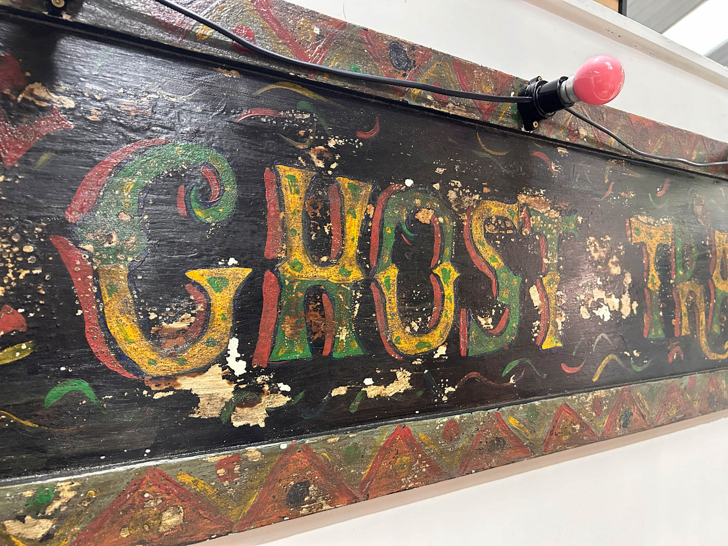 Vintage Authentic Ghost Train Fairground Wooden Sign With Festoon Lights