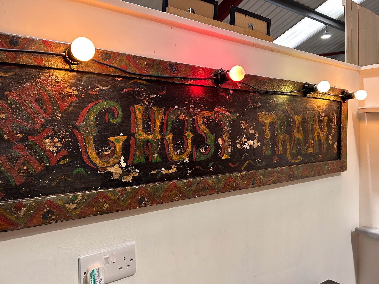 Vintage Authentic Ghost Train Fairground Wooden Sign With Festoon Lights