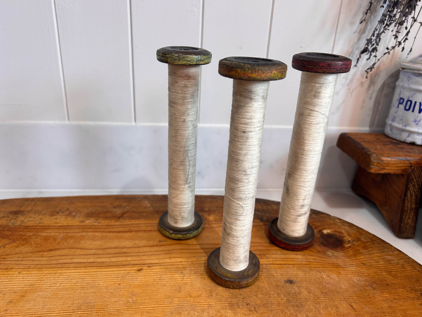 Colourful Antique Industrial Mill Bobbins with Thread