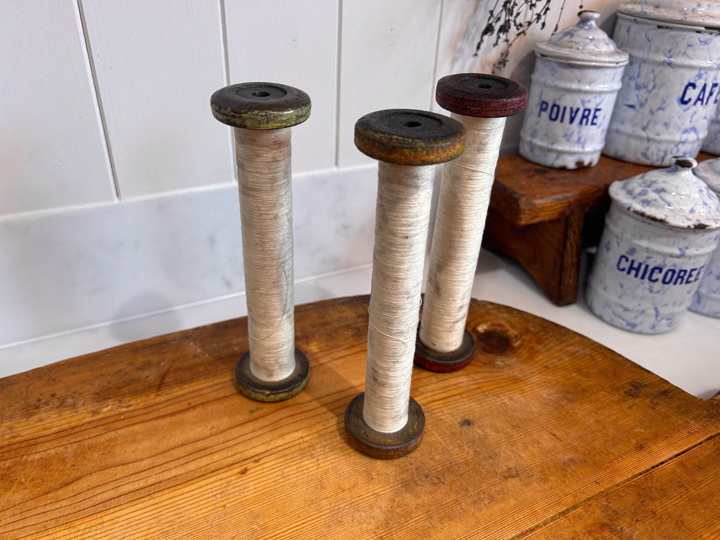 Colourful Antique Industrial Mill Bobbins with Thread