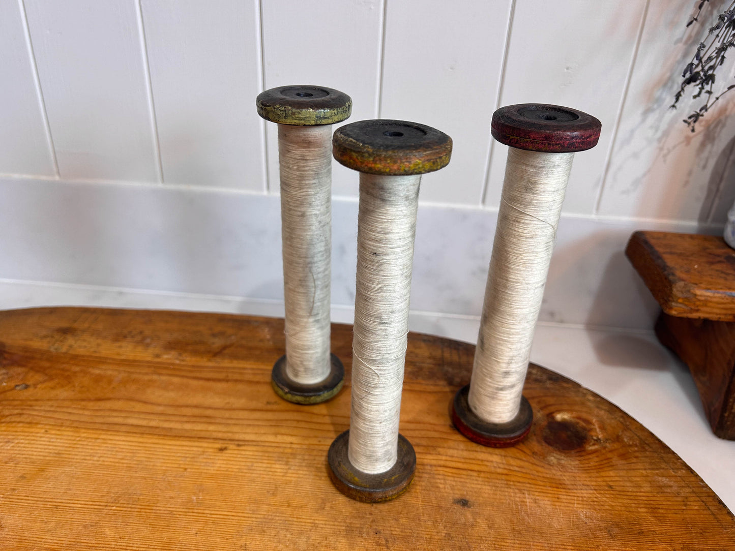 Colourful Antique Industrial Mill Bobbins with Thread