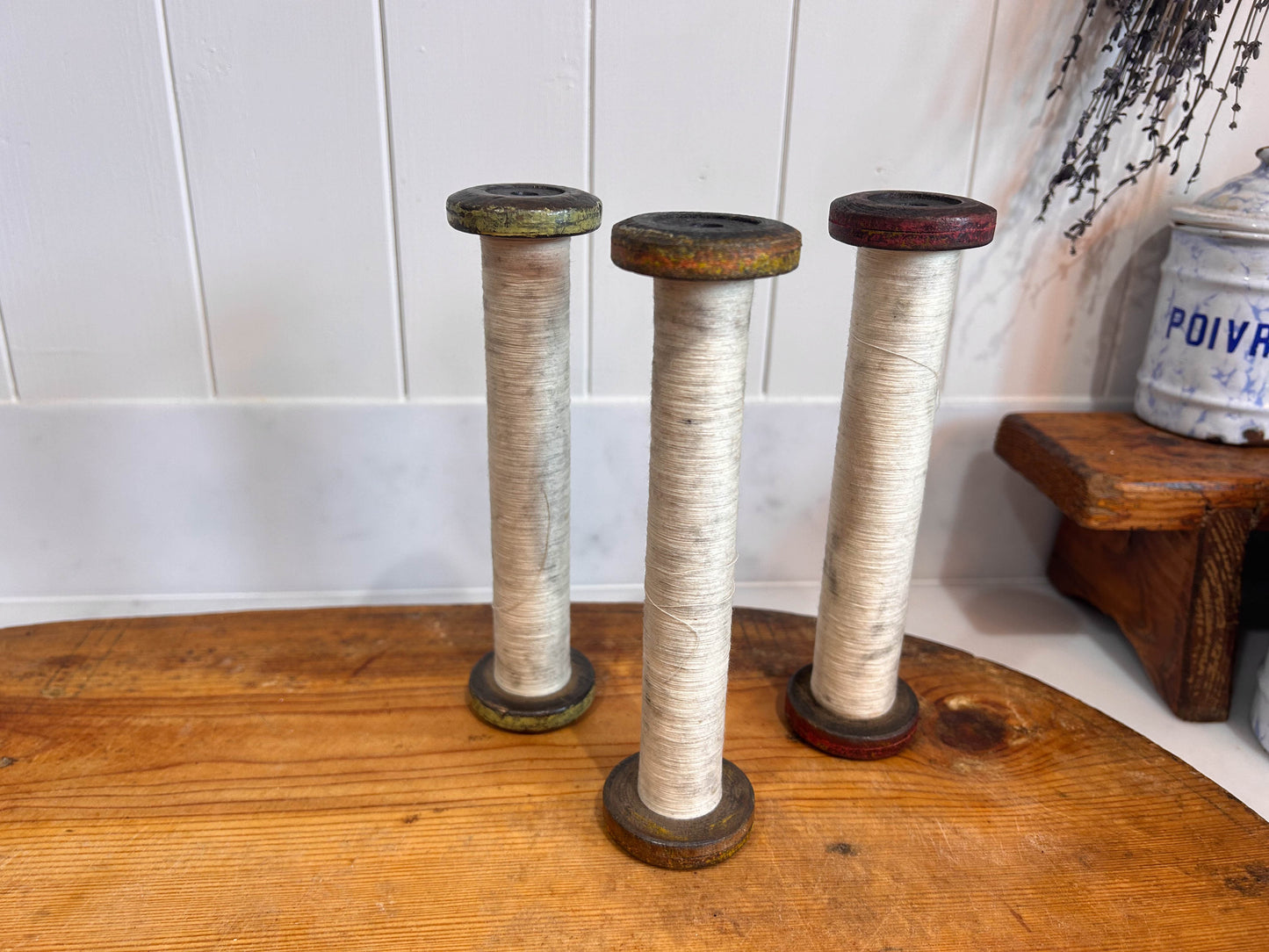 Colourful Antique Industrial Mill Bobbins with Thread