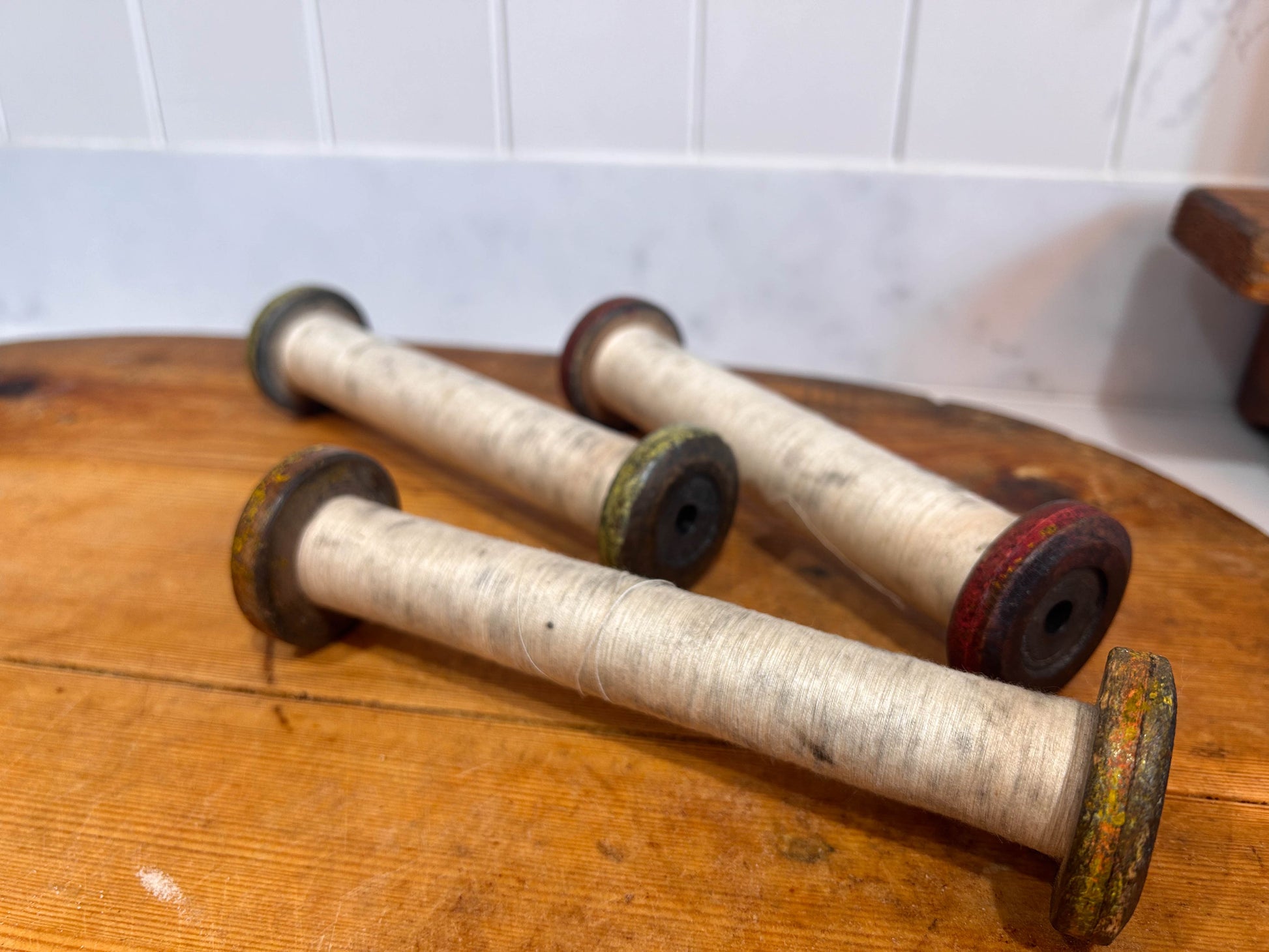 Colourful Antique Industrial Mill Bobbins with Thread