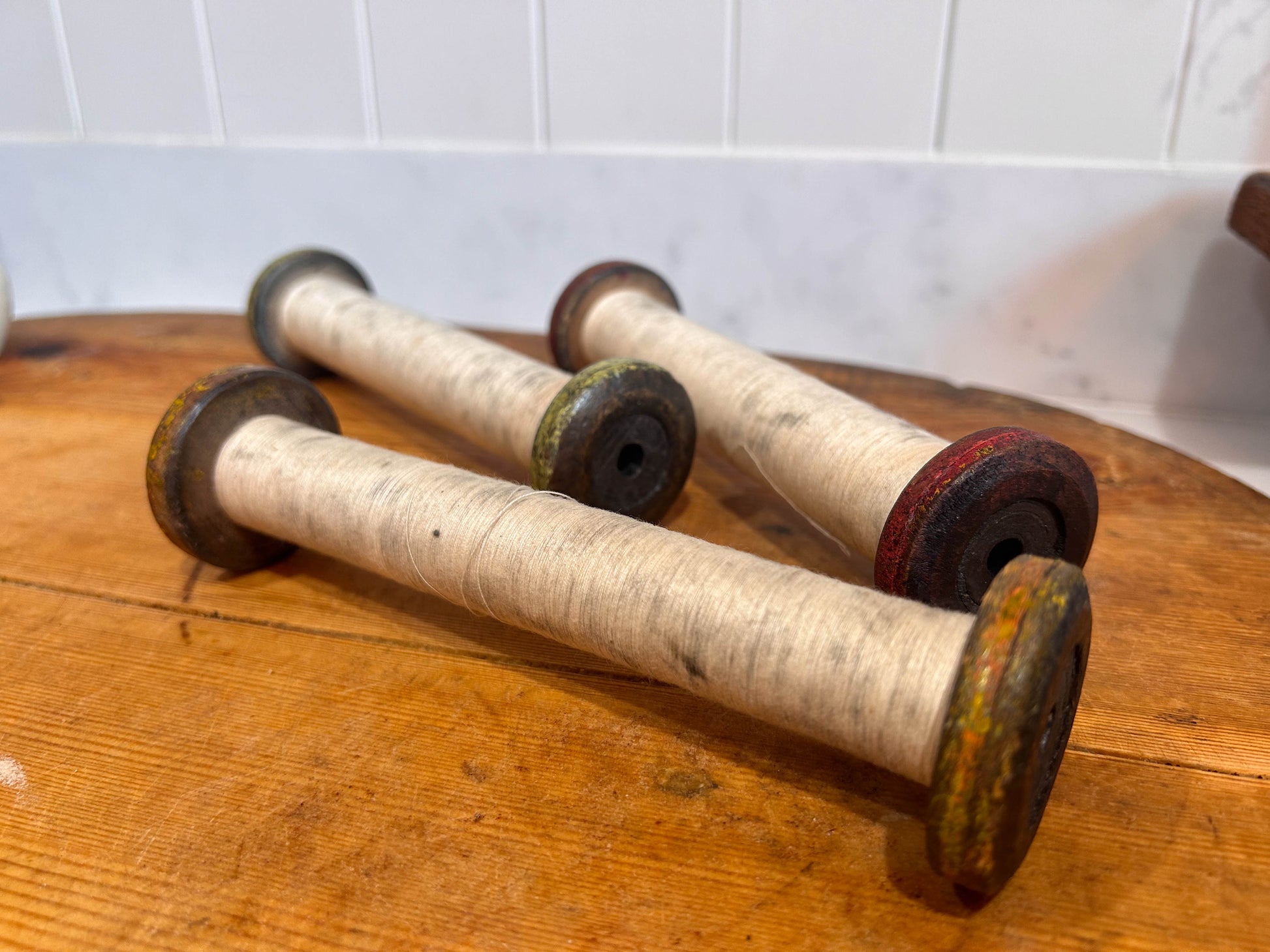 Colourful Antique Industrial Mill Bobbins with Thread