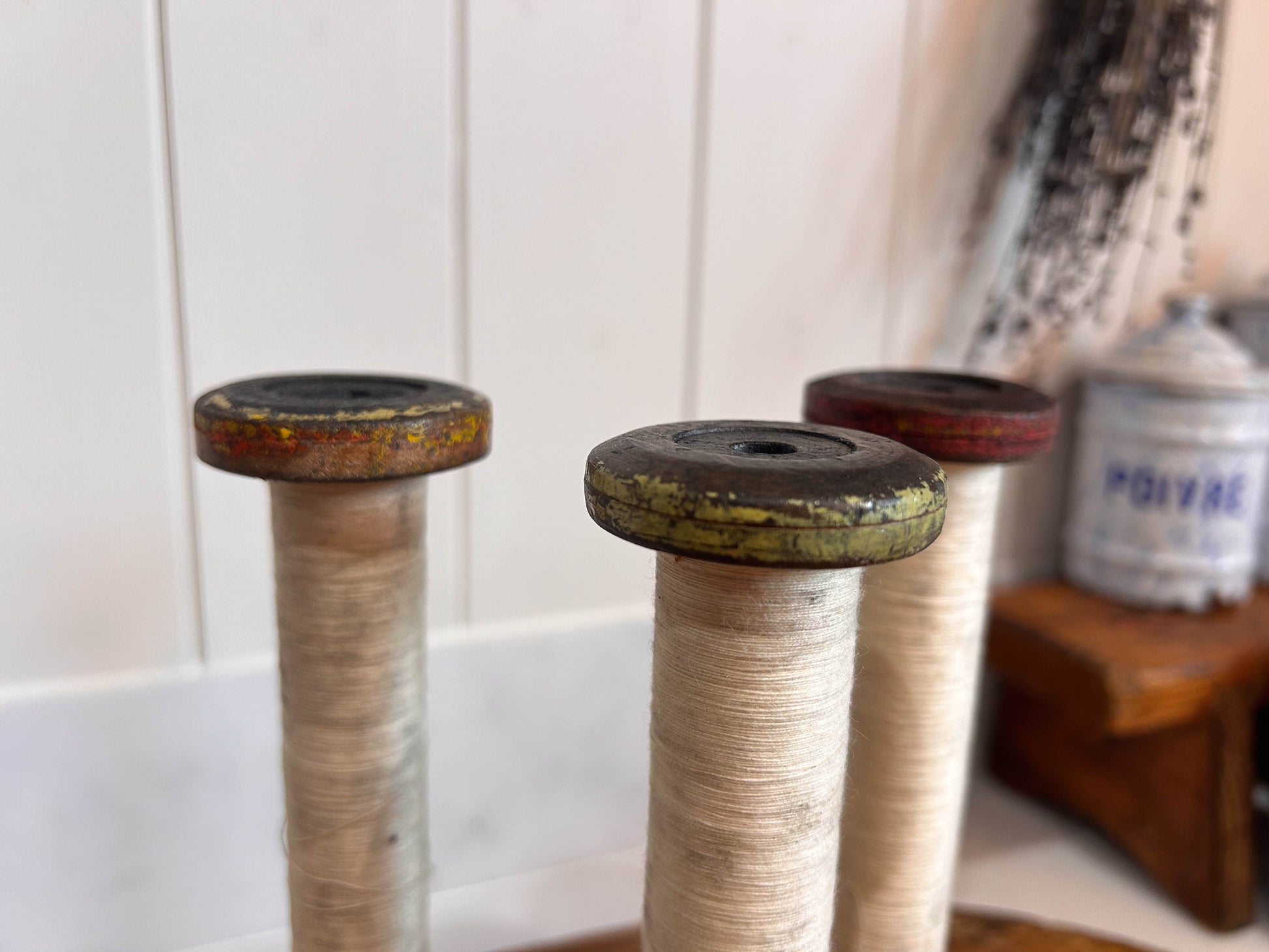 Colourful Antique Industrial Mill Bobbins with Thread