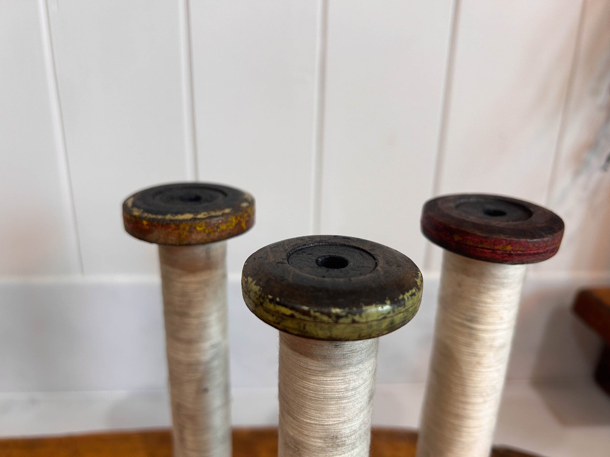 Colourful Antique Industrial Mill Bobbins with Thread