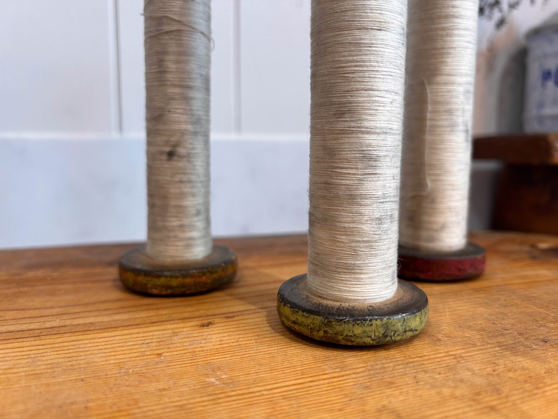 Colourful Antique Industrial Mill Bobbins with Thread