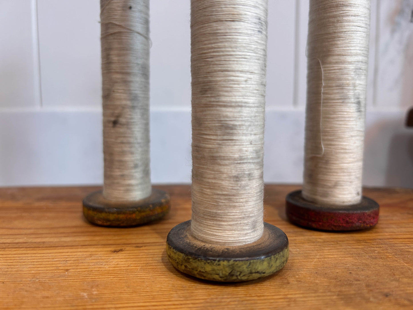 Colourful Antique Industrial Mill Bobbins with Thread